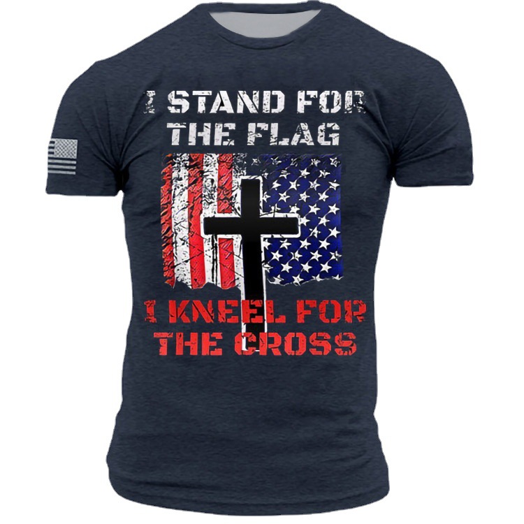 Retro Printed 2022 European and American European Size Cross-Border Hot Selling Short Sleeve Source Factory Spot Men&#039;s Clothing American Flag Hip Hop