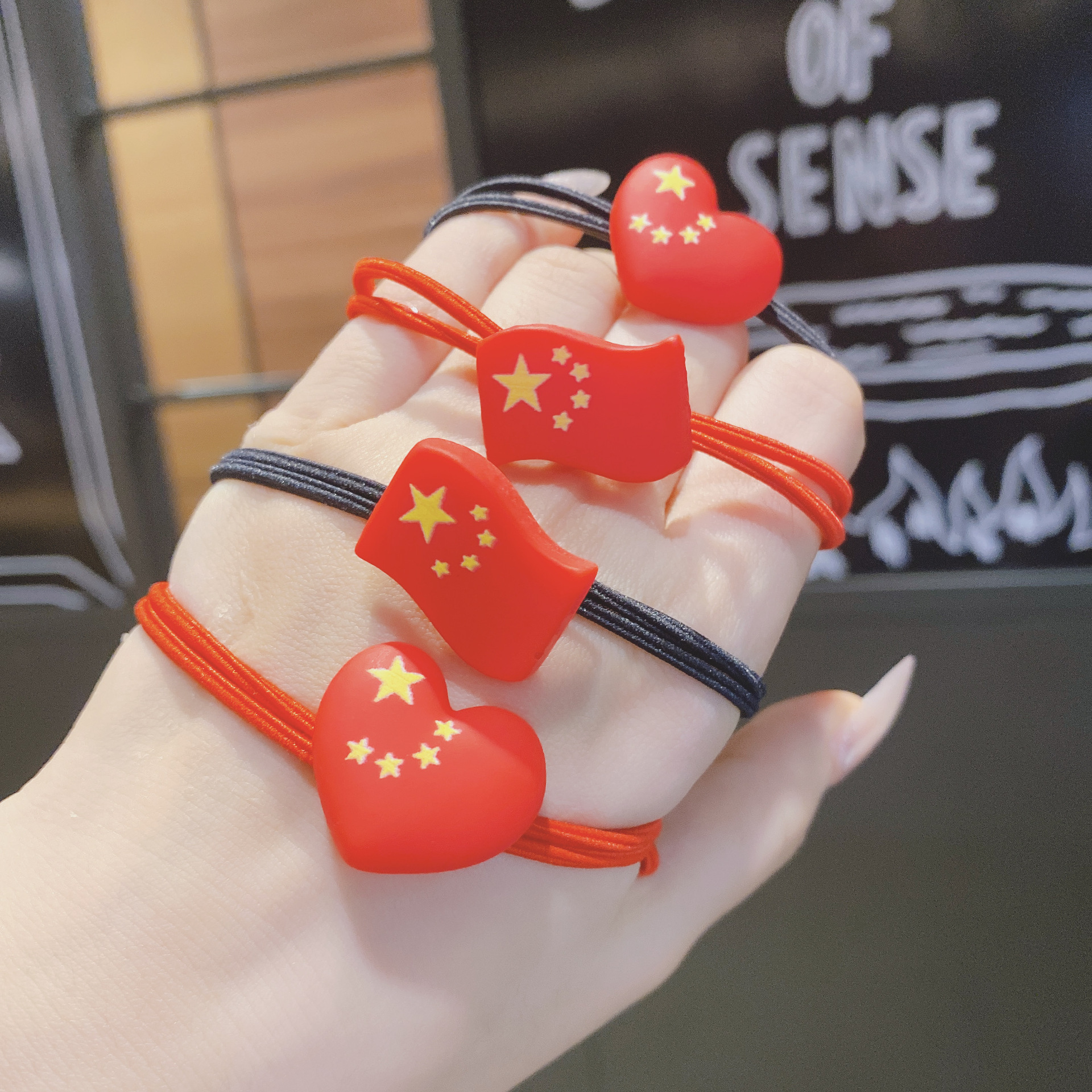 Barrettes the Five-Starred Red Flag Headband Chinese Red Rubber Band Five-Pointed Star Hair Rope Female Bangs National Day Headdress