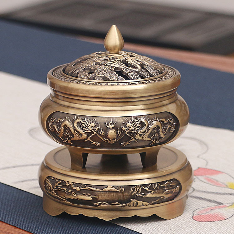 Three-Legged Carved Copper Incense Burner Pure Copper Sandalwood Stove Antique Zen Tea Tray Aroma and Incense Burner Household Indoor Incense Burner