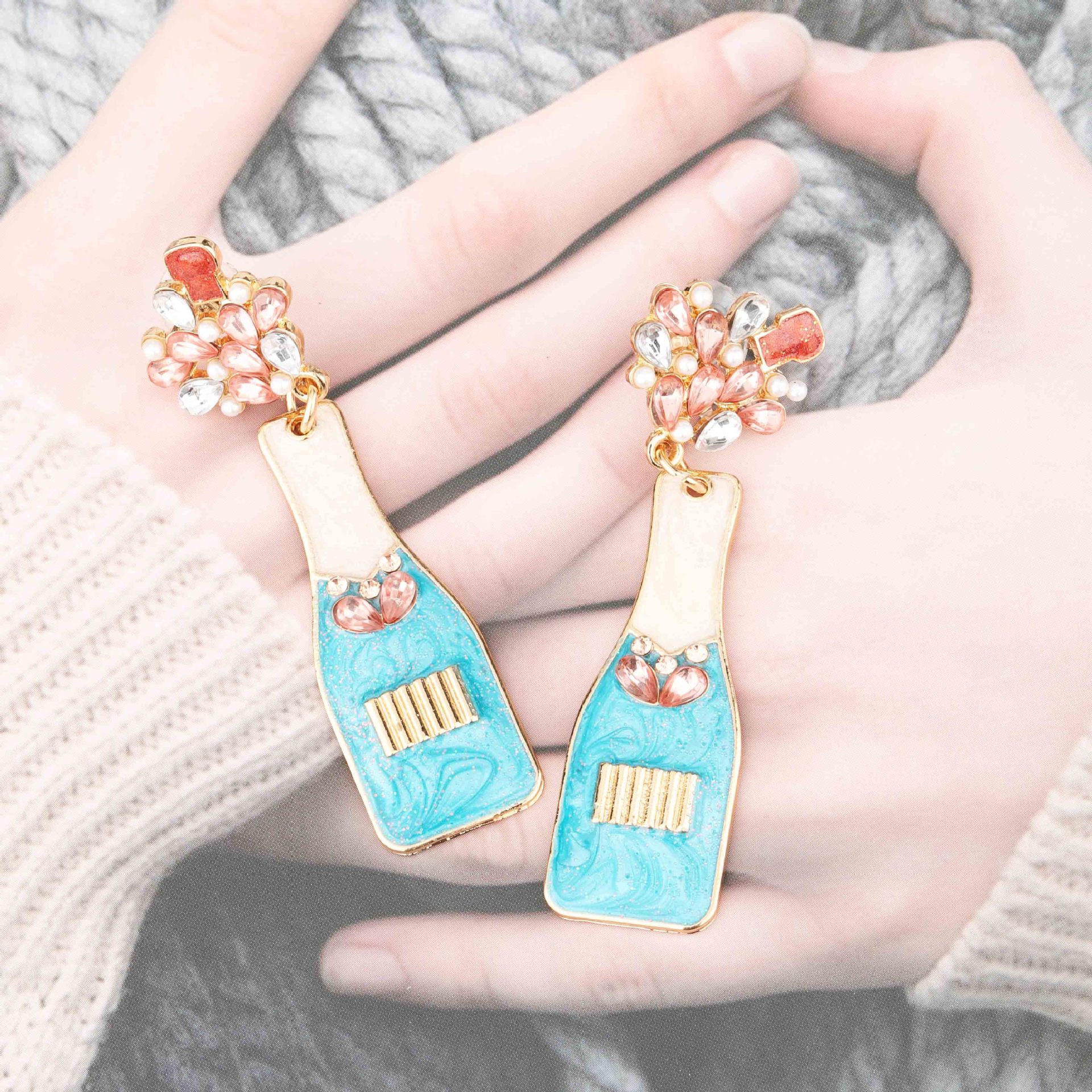 Cross Border Diamond OilCoated Wine Bottle HighEnd Earrings Women's French Romantic HighEnd Luxury Earrings Earrings
