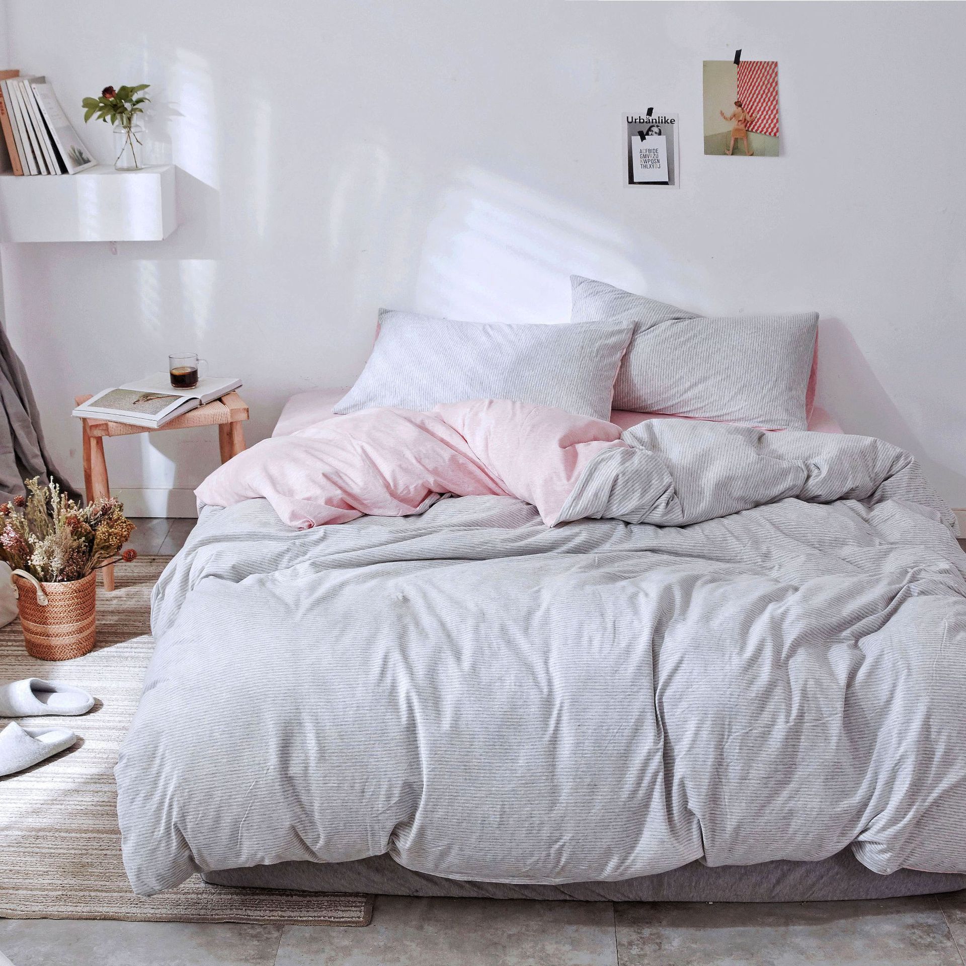 Four-Piece Set of Japanese Style Muji Knitted Cotton Striped Bedding Set 1.5 1.8 M Bedding Wholesale