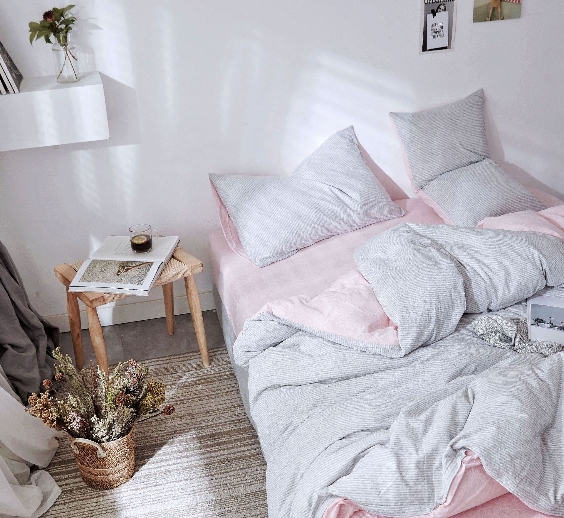 Four-Piece Set of Japanese Style Muji Knitted Cotton Striped Bedding Set 1.5 1.8 M Bedding Wholesale
