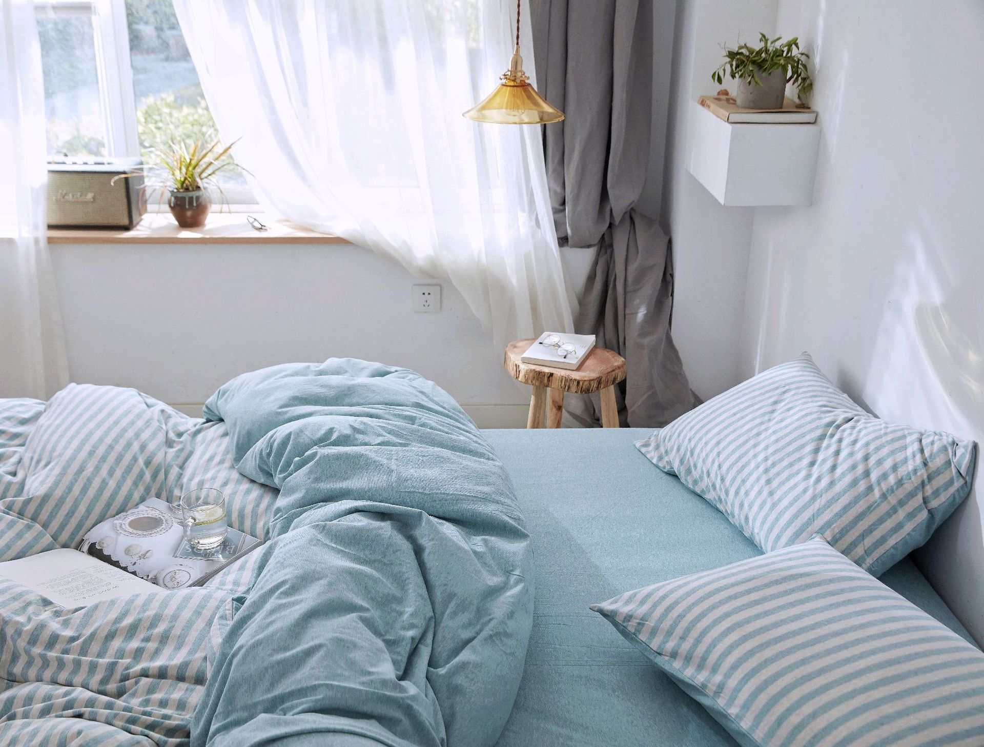 Four-Piece Set of Japanese Style Muji Knitted Cotton Striped Bedding Set 1.5 1.8 M Bedding Wholesale