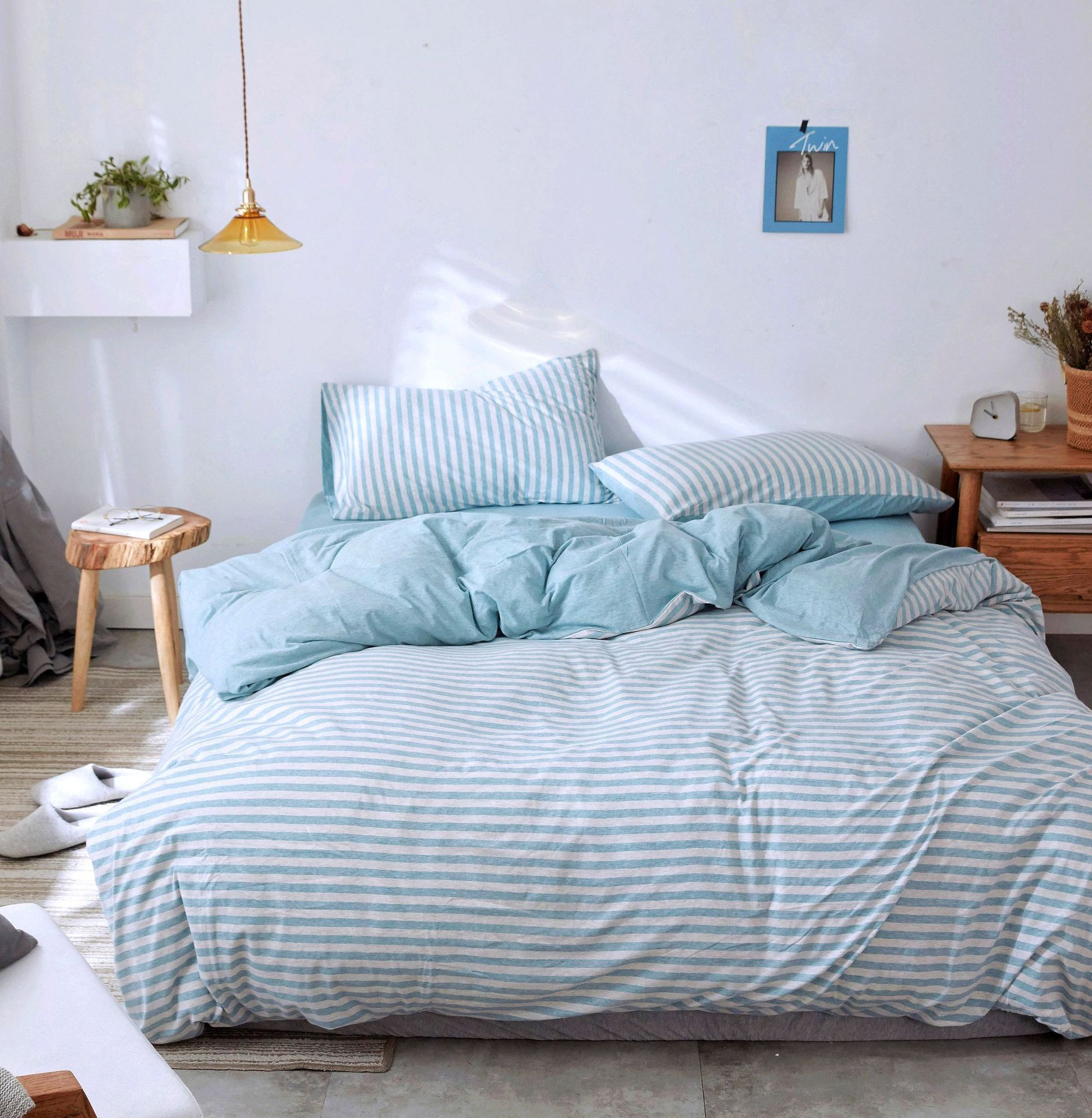 Four-Piece Set of Japanese Style Muji Knitted Cotton Striped Bedding Set 1.5 1.8 M Bedding Wholesale