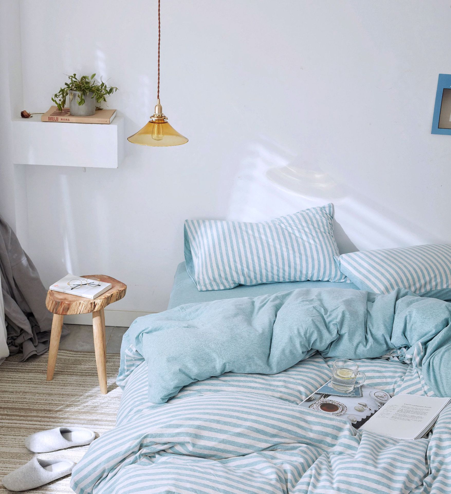 Four-Piece Set of Japanese Style Muji Knitted Cotton Striped Bedding Set 1.5 1.8 M Bedding Wholesale