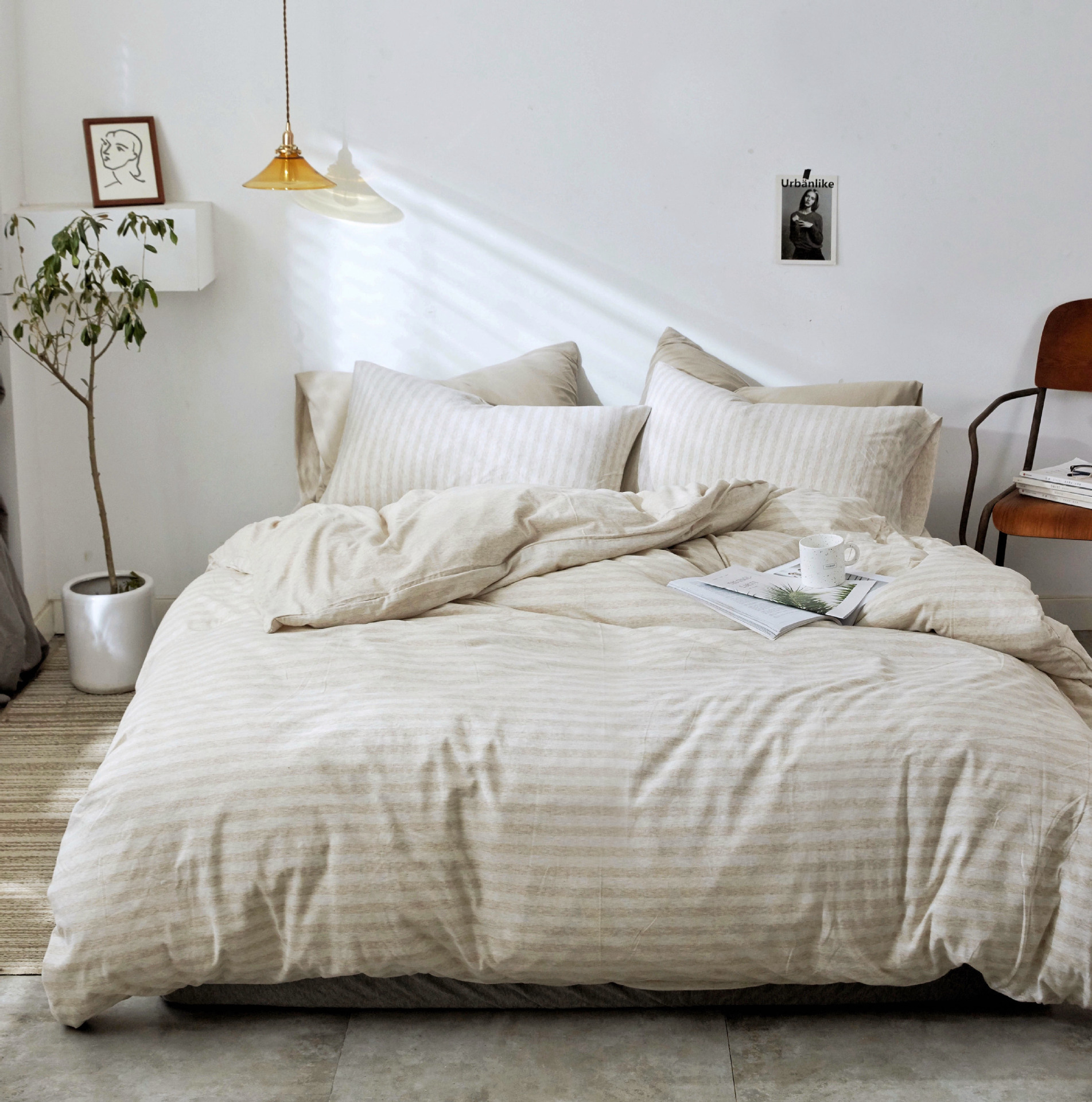 Four-Piece Set of Japanese Style Muji Knitted Cotton Striped Bedding Set 1.5 1.8 M Bedding Wholesale