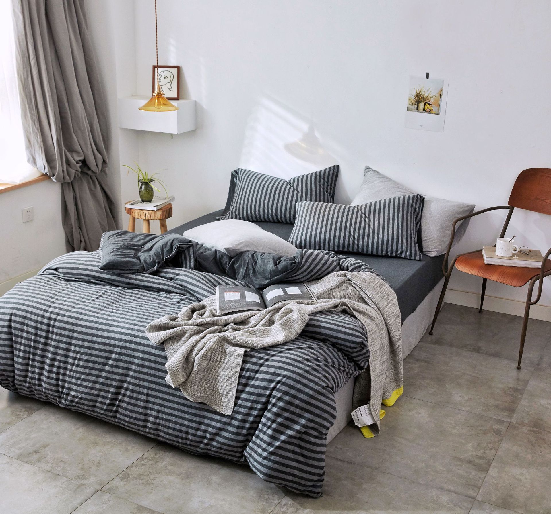 Four-Piece Set of Japanese Style Muji Knitted Cotton Striped Bedding Set 1.5 1.8 M Bedding Wholesale