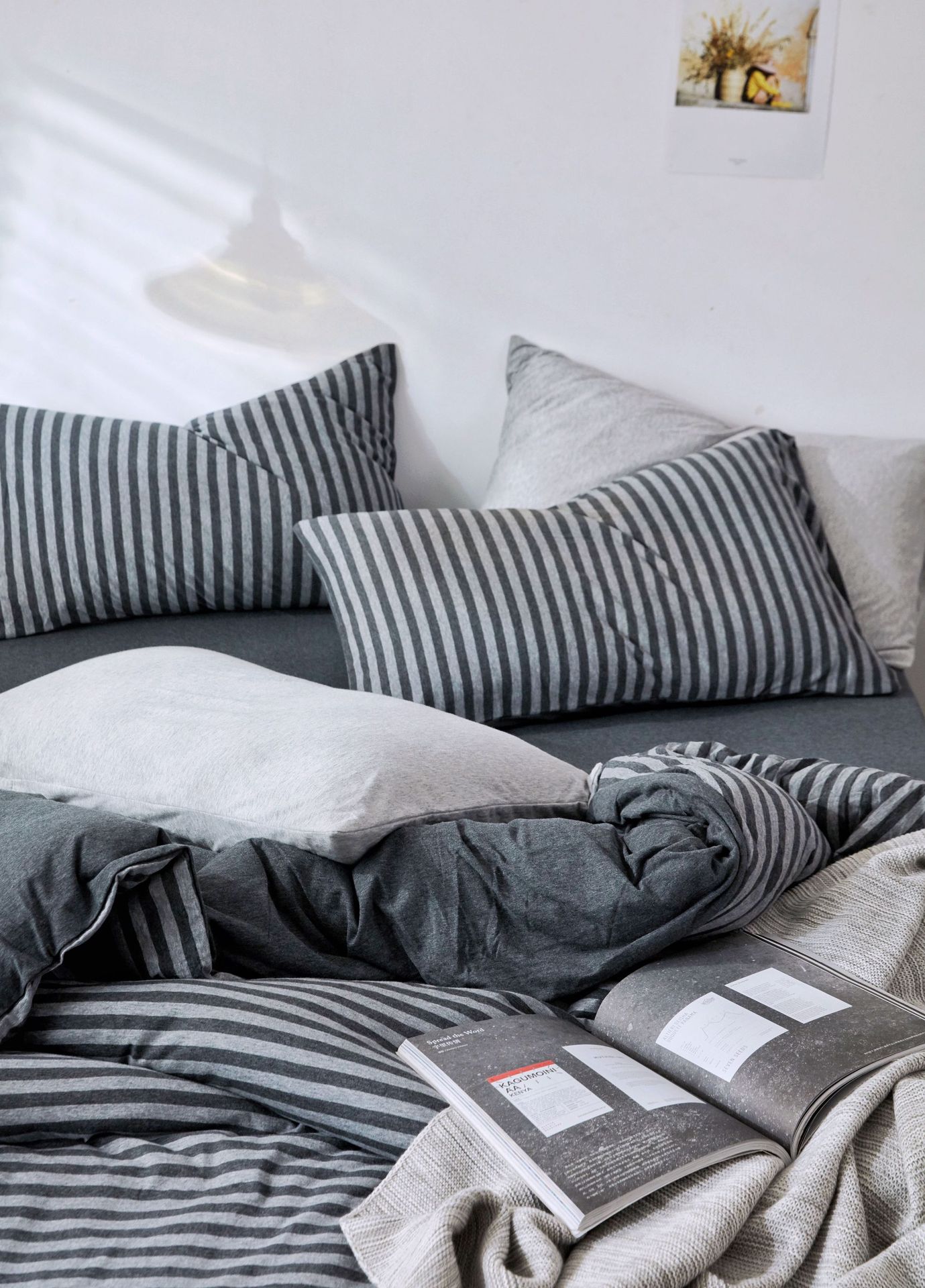 Four-Piece Set of Japanese Style Muji Knitted Cotton Striped Bedding Set 1.5 1.8 M Bedding Wholesale