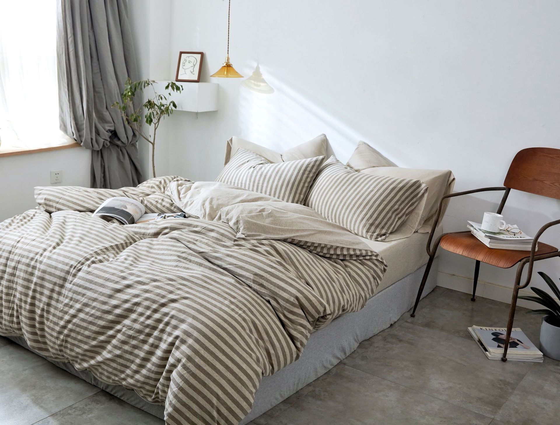 Four-Piece Set of Japanese Style Muji Knitted Cotton Striped Bedding Set 1.5 1.8 M Bedding Wholesale
