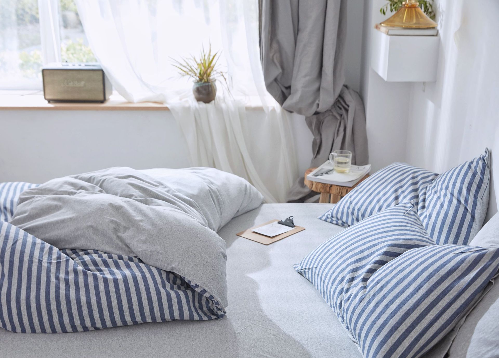 Four-Piece Set of Japanese Style Muji Knitted Cotton Striped Bedding Set 1.5 1.8 M Bedding Wholesale