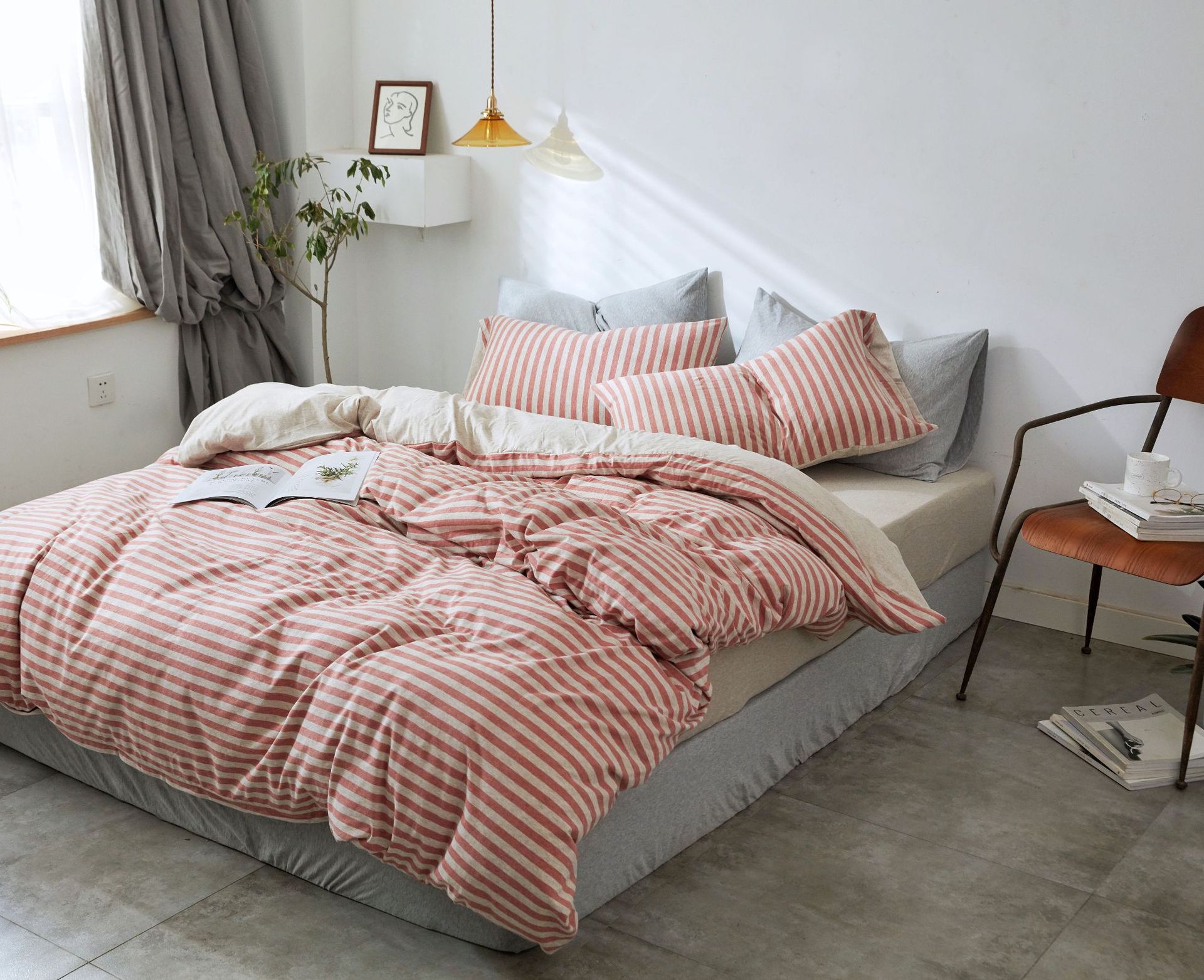 Four-Piece Set of Japanese Style Muji Knitted Cotton Striped Bedding Set 1.5 1.8 M Bedding Wholesale