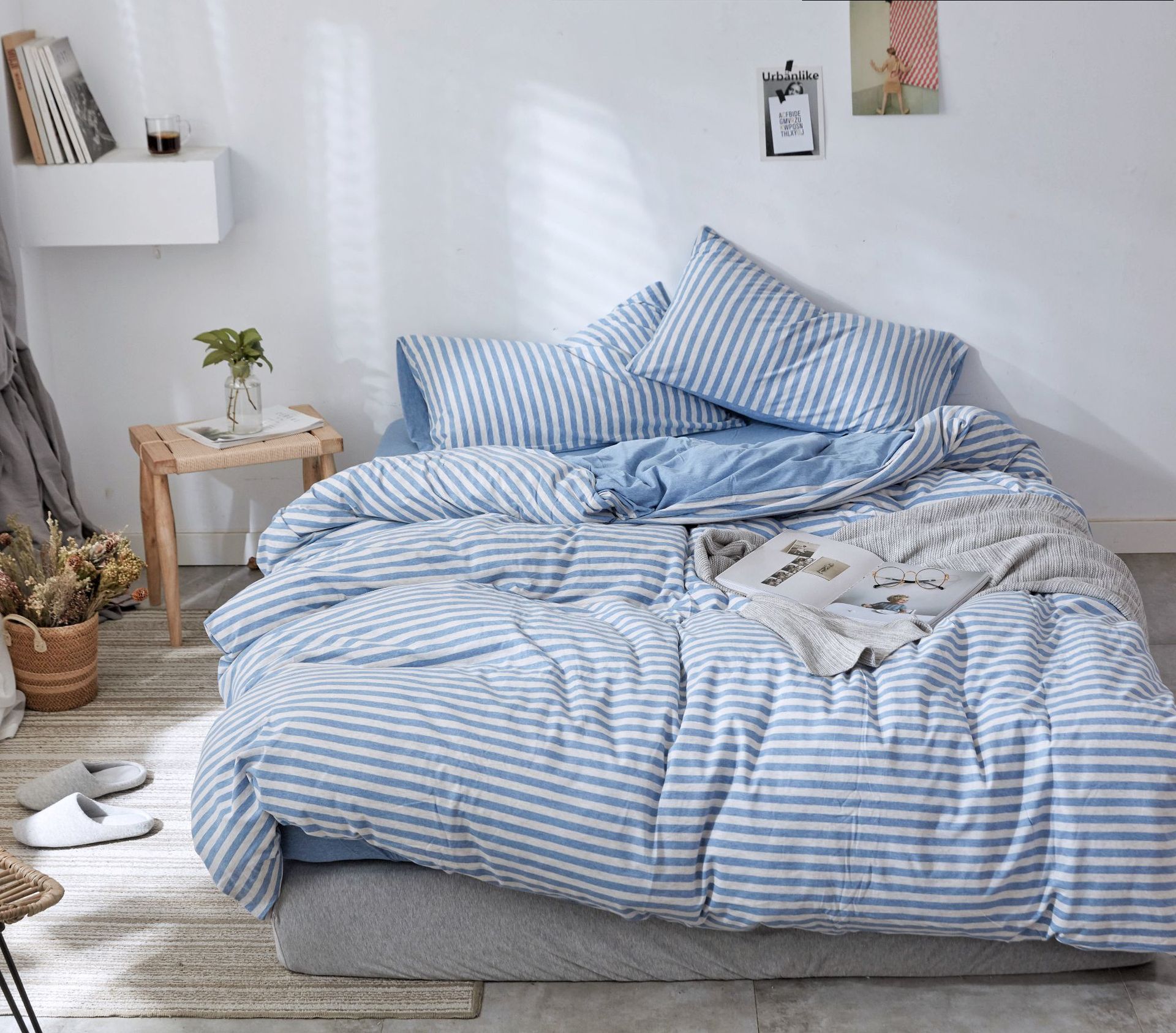 Four-Piece Set of Japanese Style Muji Knitted Cotton Striped Bedding Set 1.5 1.8 M Bedding Wholesale