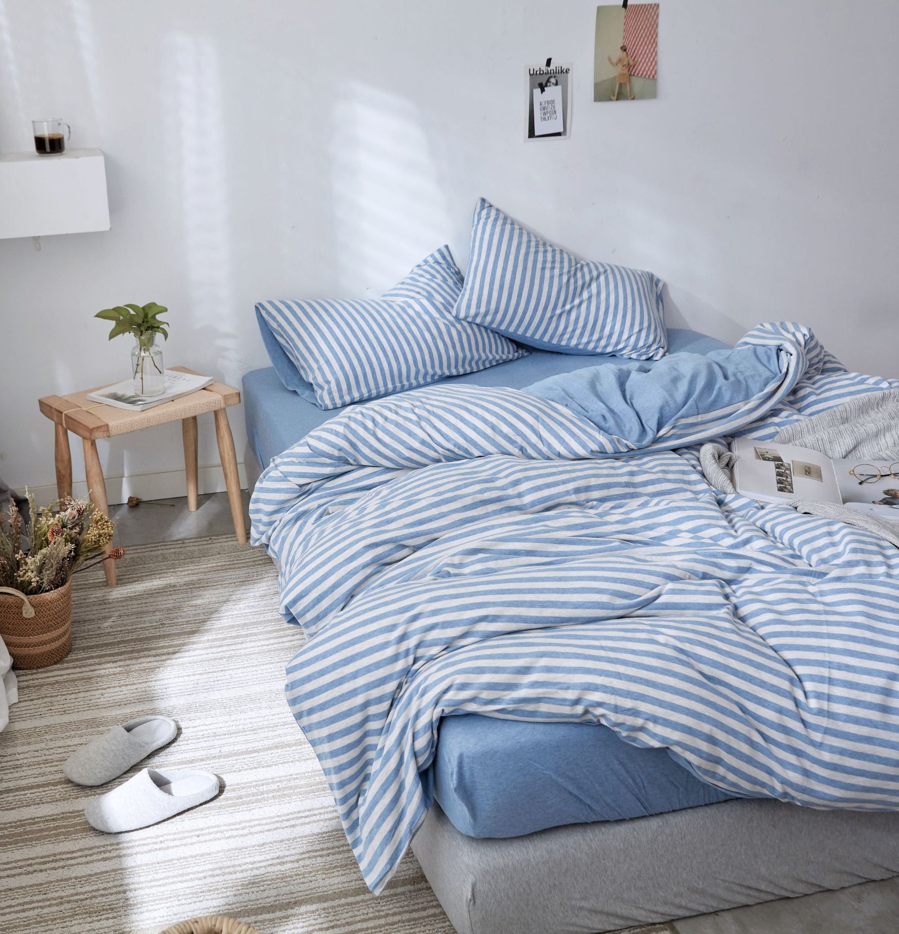 Four-Piece Set of Japanese Style Muji Knitted Cotton Striped Bedding Set 1.5 1.8 M Bedding Wholesale