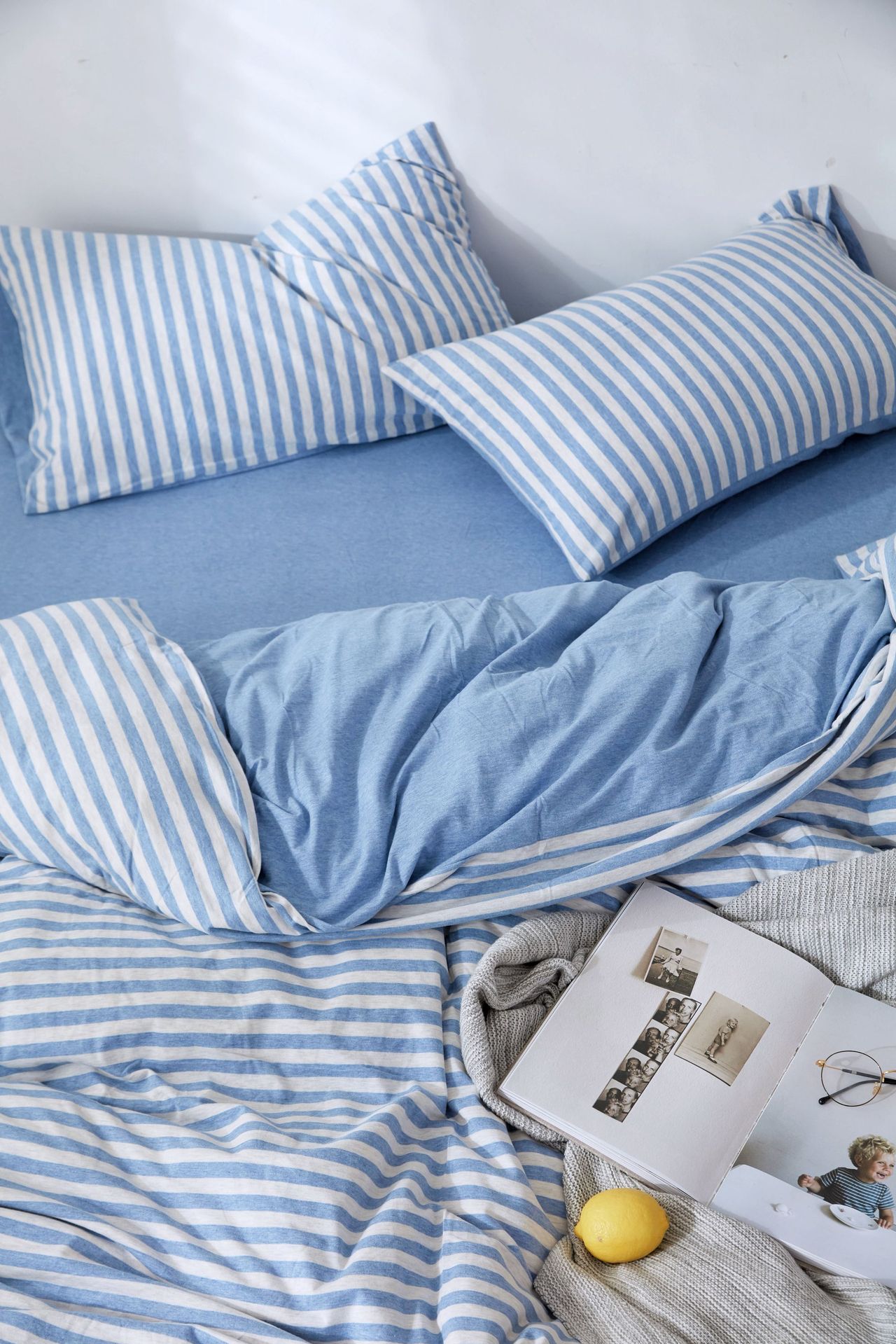 Four-Piece Set of Japanese Style Muji Knitted Cotton Striped Bedding Set 1.5 1.8 M Bedding Wholesale