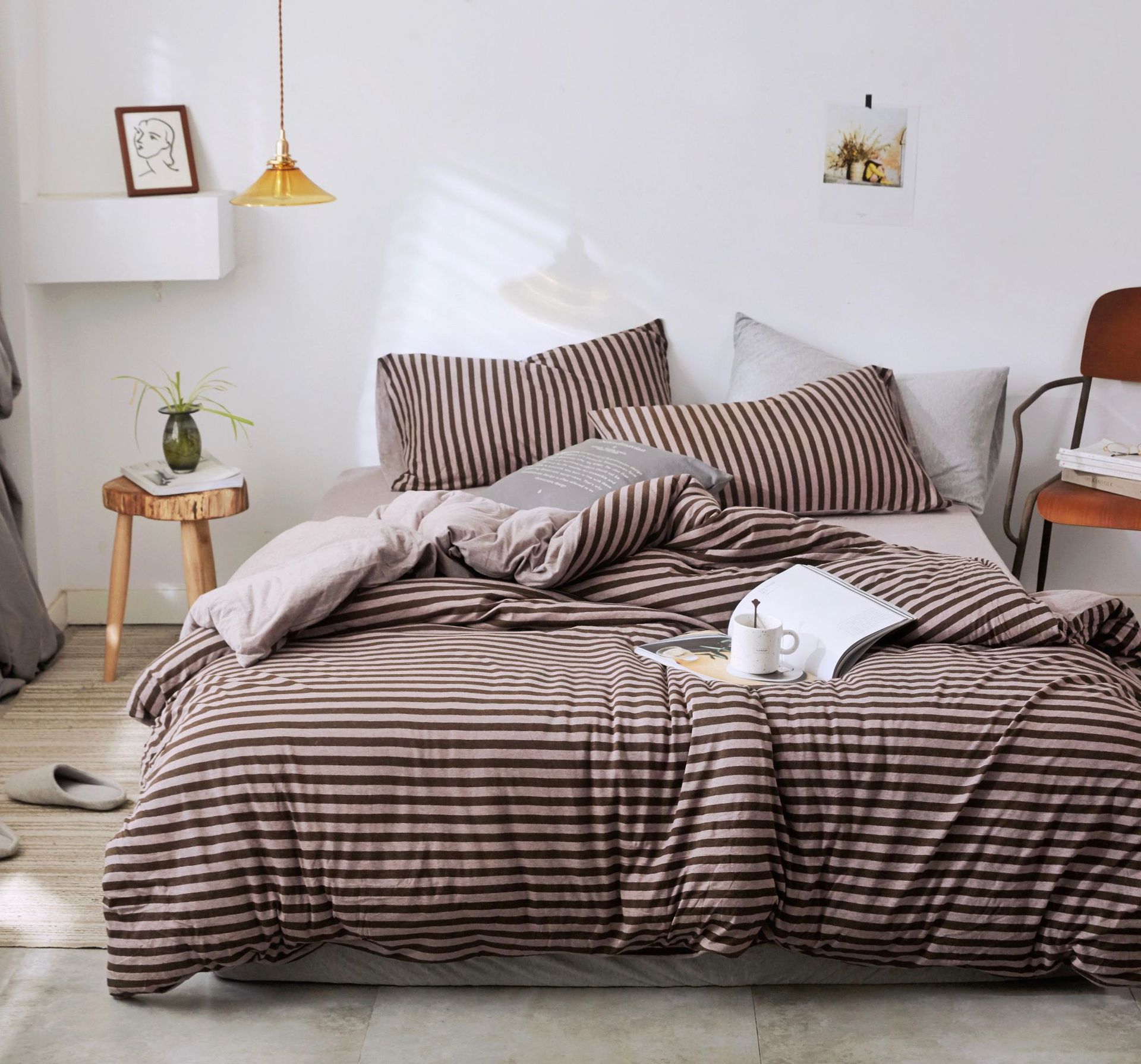 Four-Piece Set of Japanese Style Muji Knitted Cotton Striped Bedding Set 1.5 1.8 M Bedding Wholesale