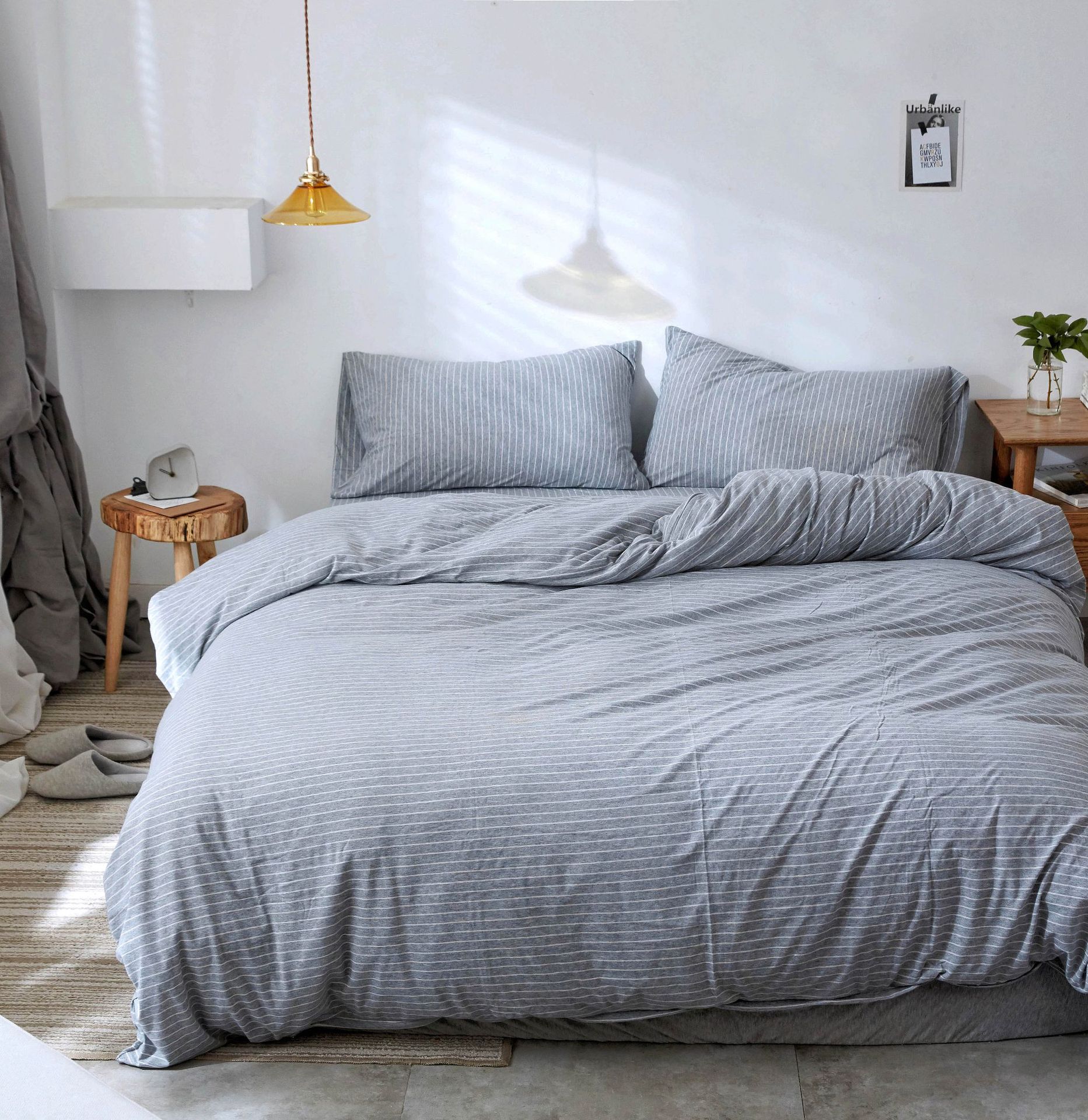 Four-Piece Set of Japanese Style Muji Knitted Cotton Striped Bedding Set 1.5 1.8 M Bedding Wholesale