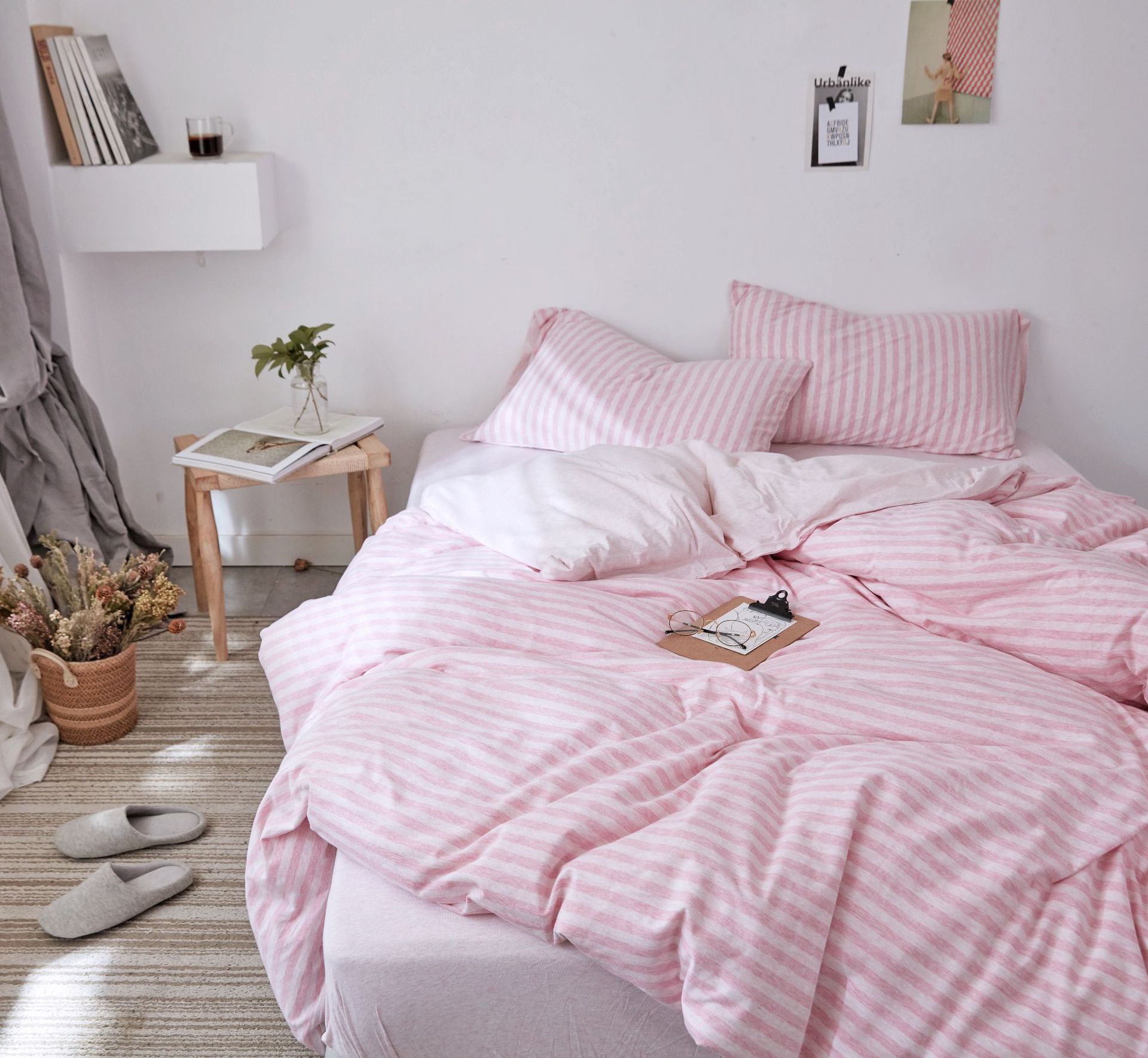 Four-Piece Set of Japanese Style Muji Knitted Cotton Striped Bedding Set 1.5 1.8 M Bedding Wholesale