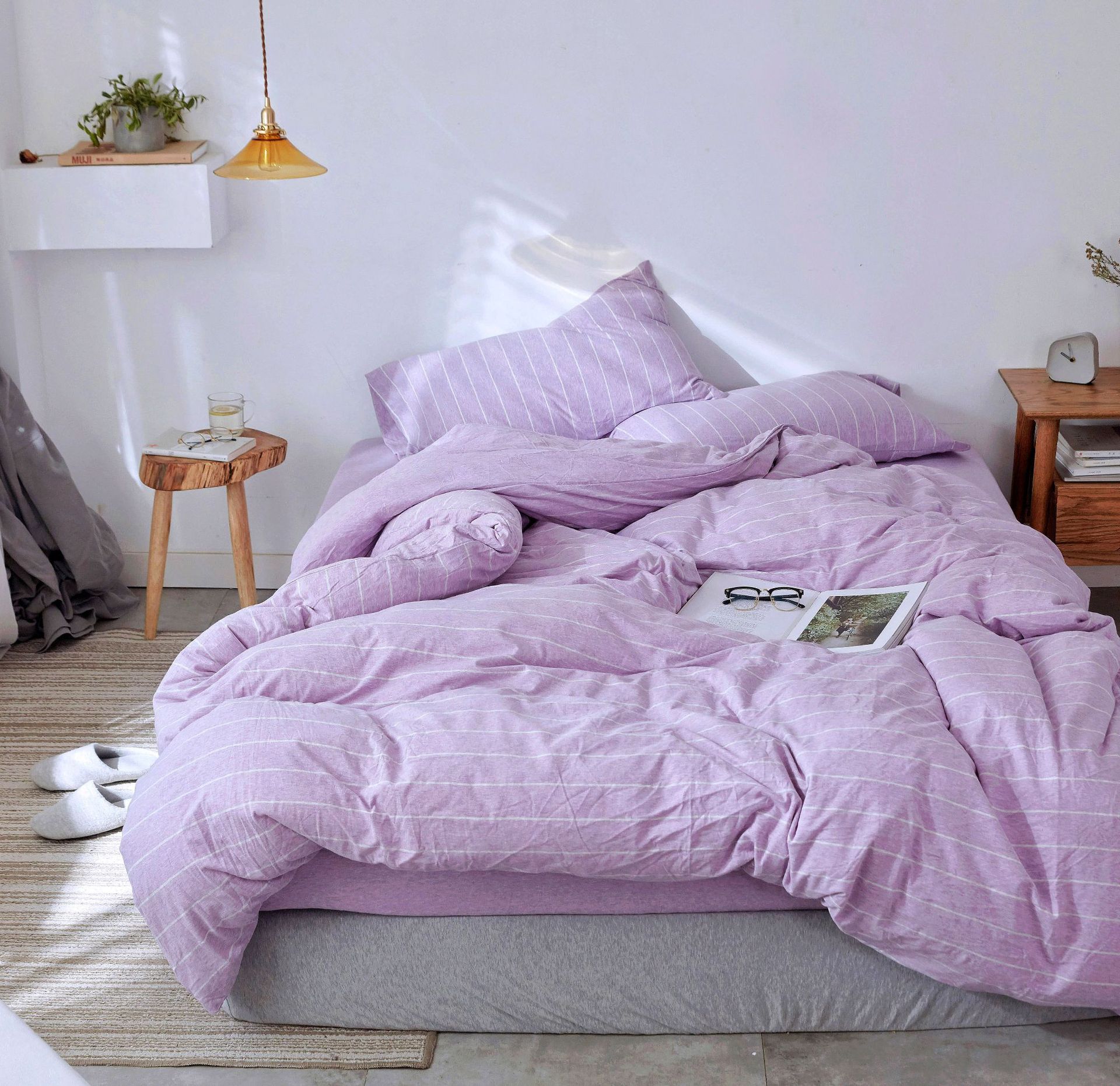 Four-Piece Set of Japanese Style Muji Knitted Cotton Striped Bedding Set 1.5 1.8 M Bedding Wholesale