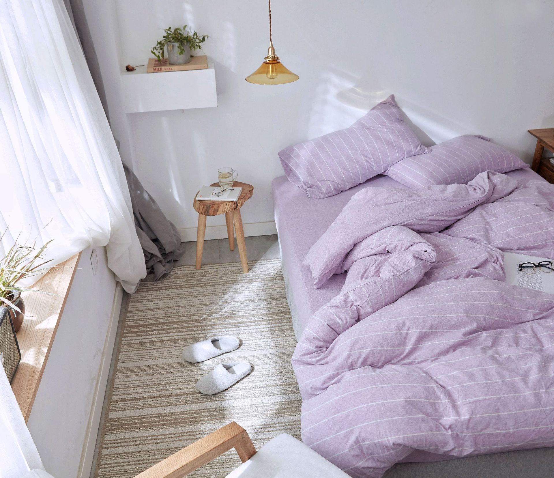Four-Piece Set of Japanese Style Muji Knitted Cotton Striped Bedding Set 1.5 1.8 M Bedding Wholesale