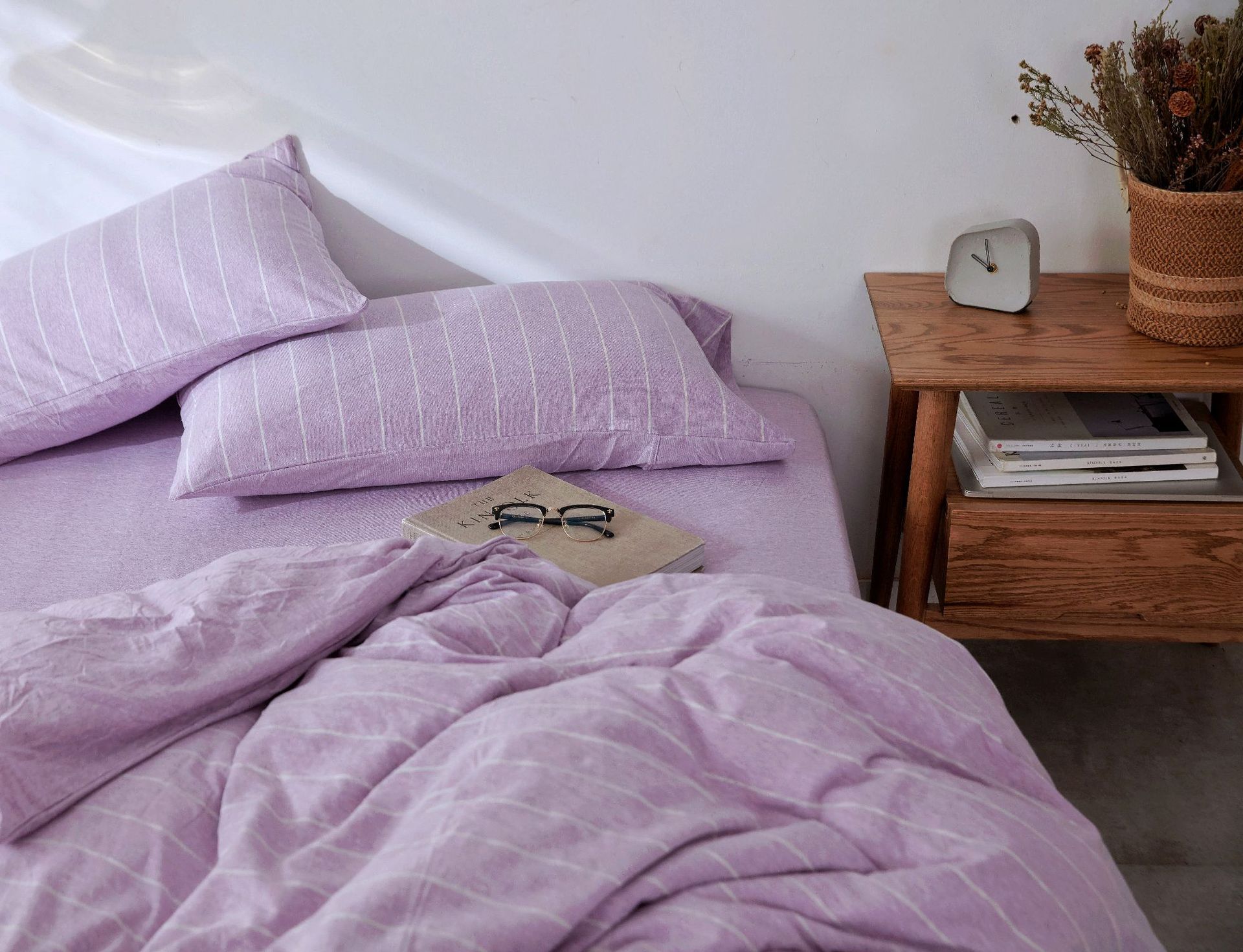 Four-Piece Set of Japanese Style Muji Knitted Cotton Striped Bedding Set 1.5 1.8 M Bedding Wholesale