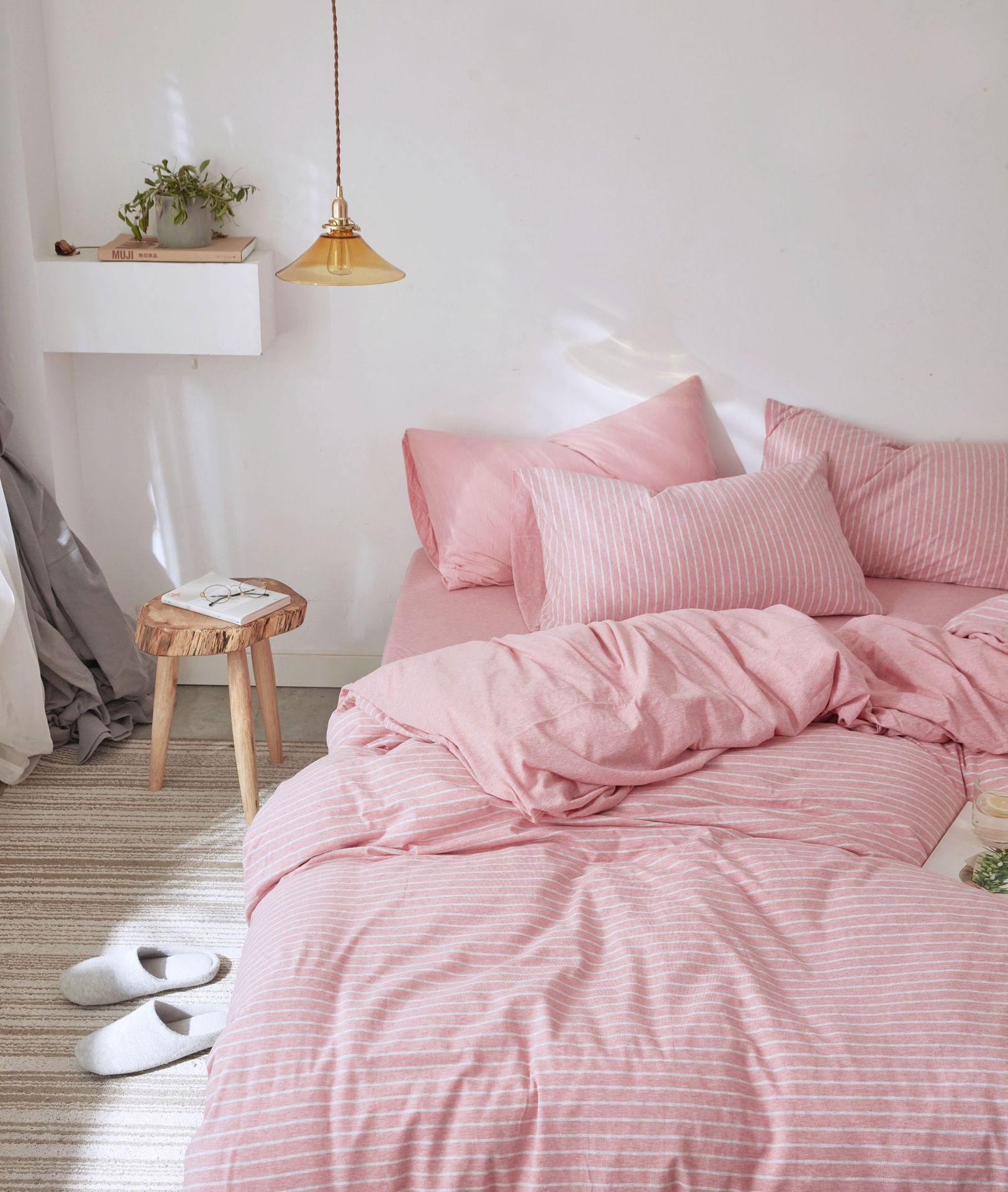 Four-Piece Set of Japanese Style Muji Knitted Cotton Striped Bedding Set 1.5 1.8 M Bedding Wholesale