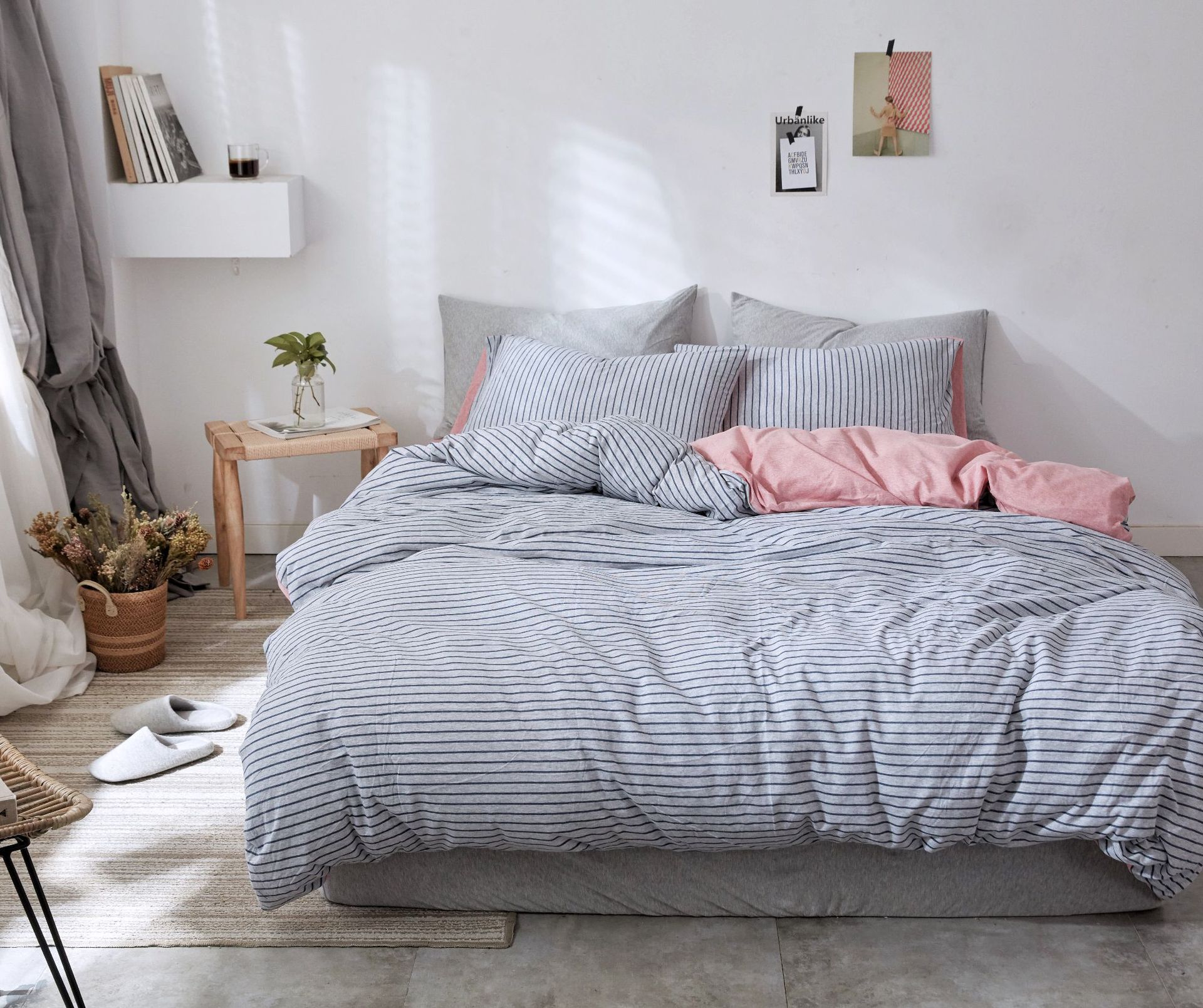 Four-Piece Set of Japanese Style Muji Knitted Cotton Striped Bedding Set 1.5 1.8 M Bedding Wholesale
