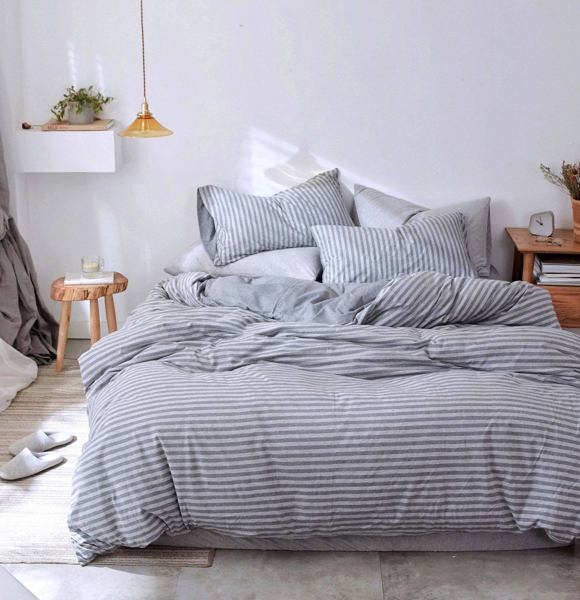 Four-Piece Set of Japanese Style Muji Knitted Cotton Striped Bedding Set 1.5 1.8 M Bedding Wholesale