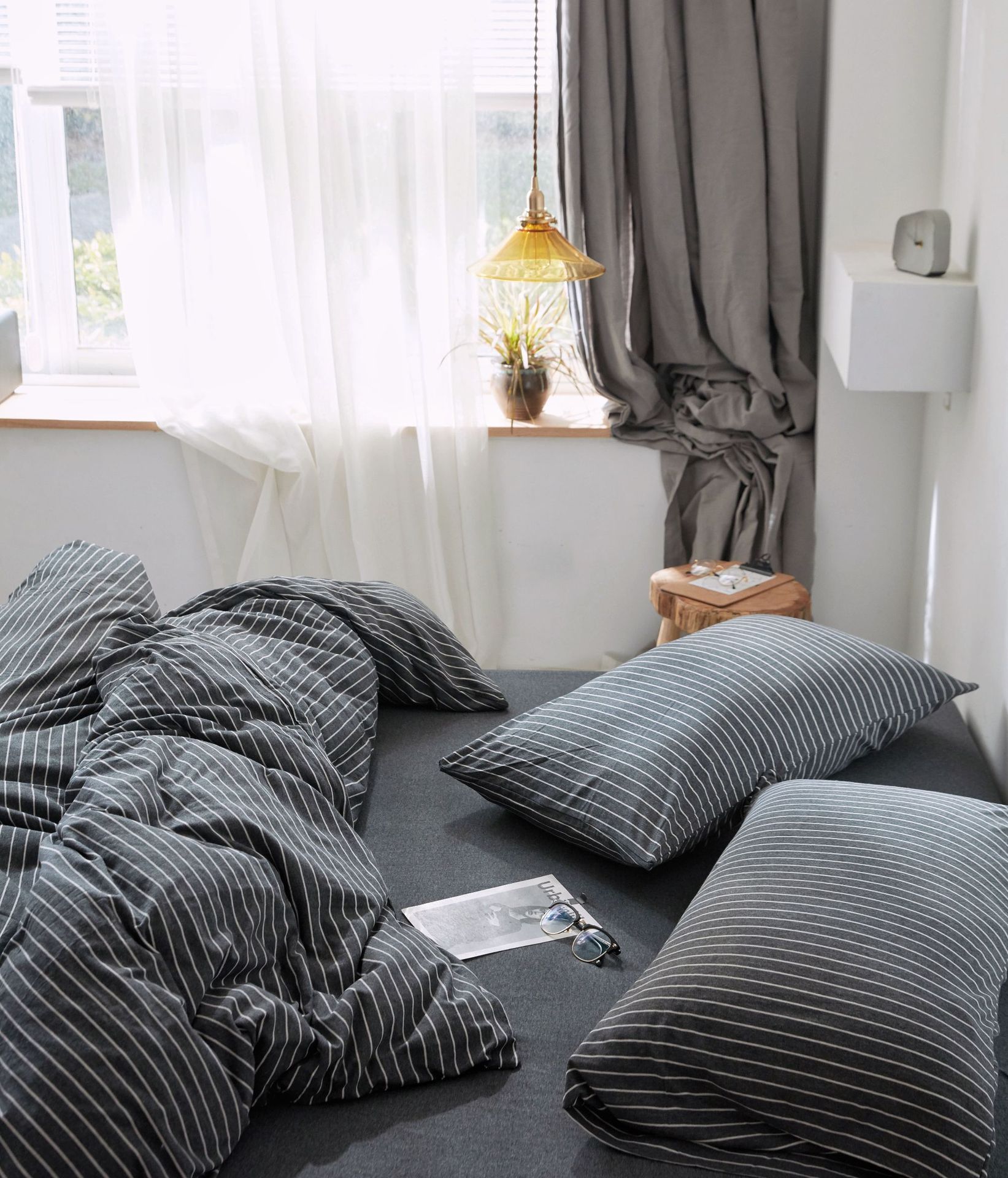 Four-Piece Set of Japanese Style Muji Knitted Cotton Striped Bedding Set 1.5 1.8 M Bedding Wholesale