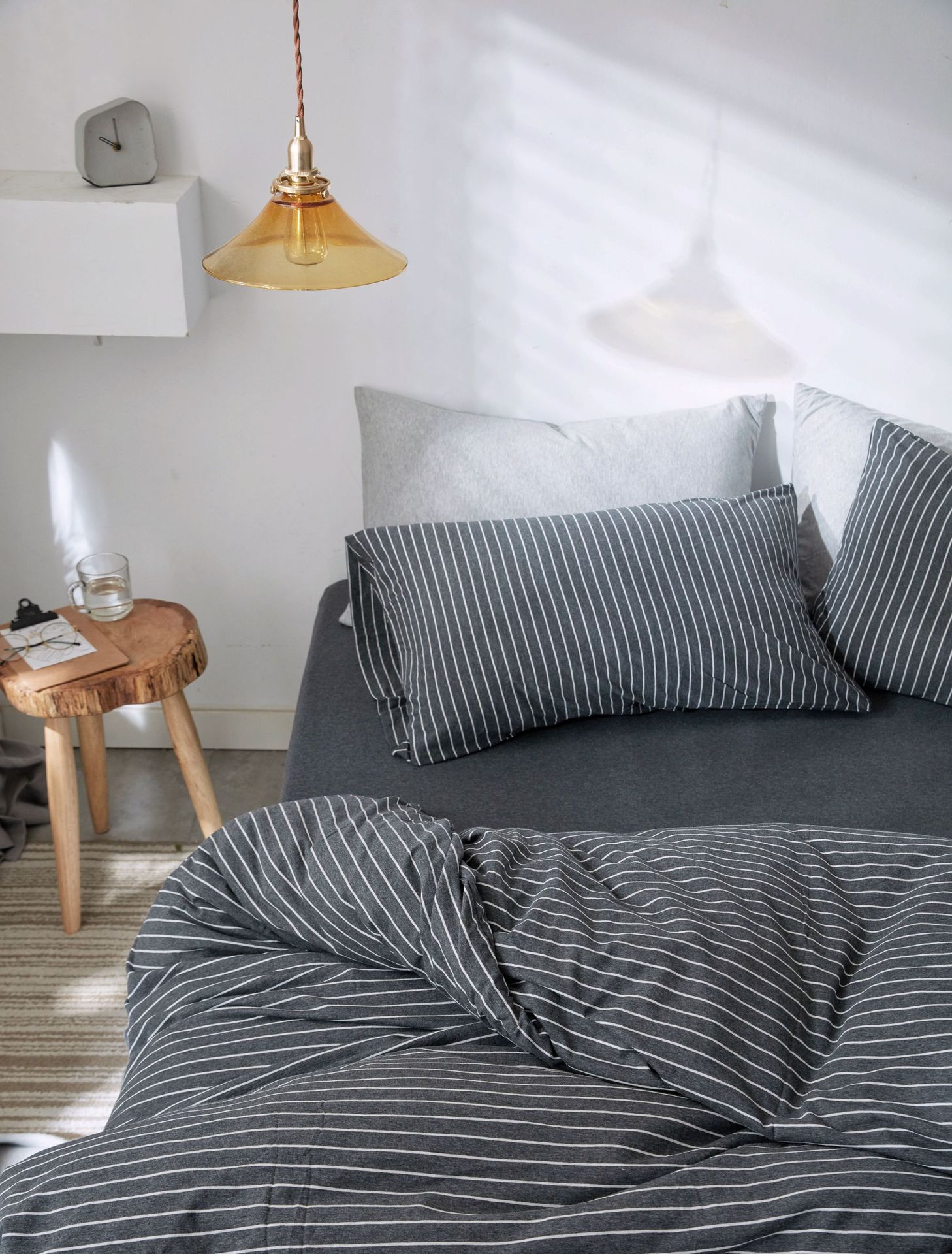 Four-Piece Set of Japanese Style Muji Knitted Cotton Striped Bedding Set 1.5 1.8 M Bedding Wholesale