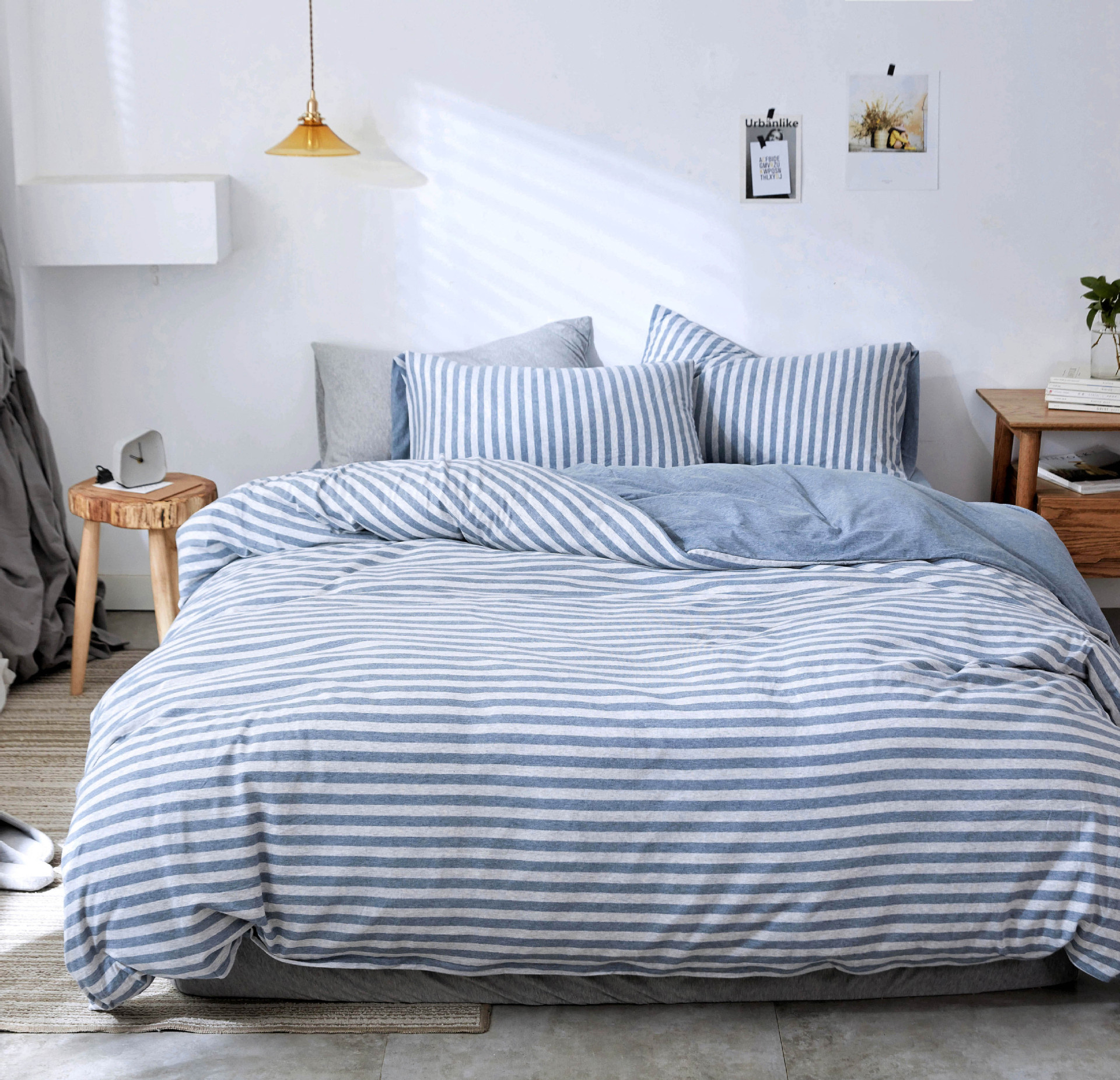 Four-Piece Set of Japanese Style Muji Knitted Cotton Striped Bedding Set 1.5 1.8 M Bedding Wholesale
