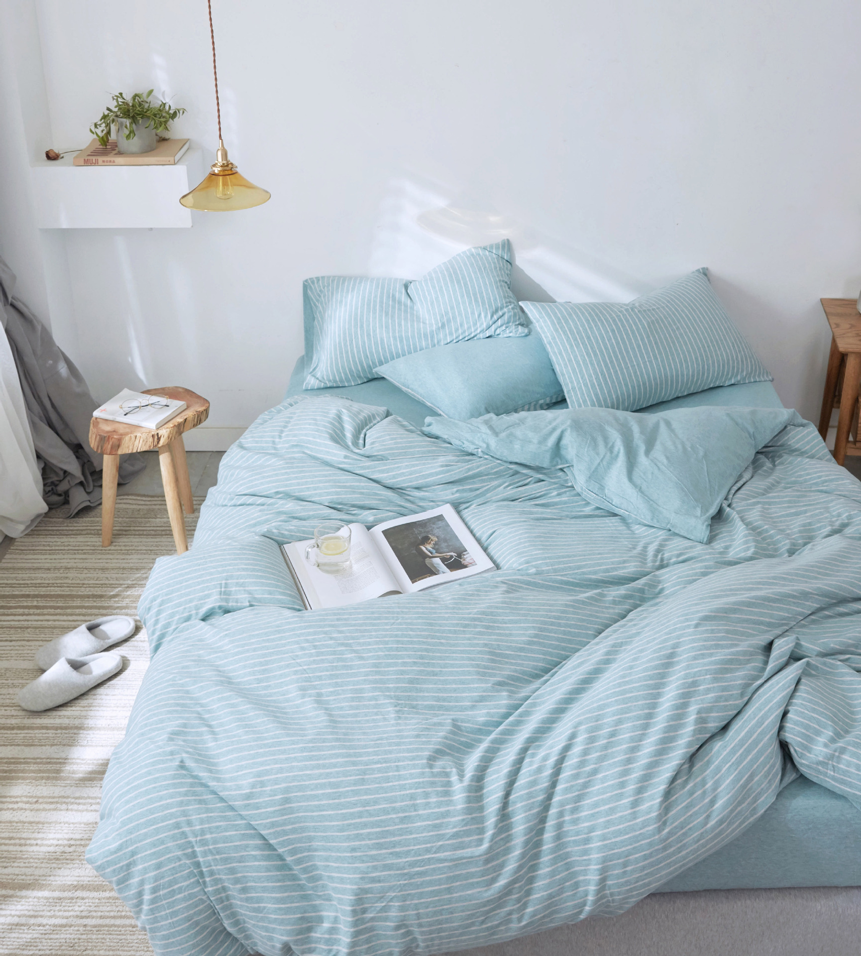 Four-Piece Set of Japanese Style Muji Knitted Cotton Striped Bedding Set 1.5 1.8 M Bedding Wholesale