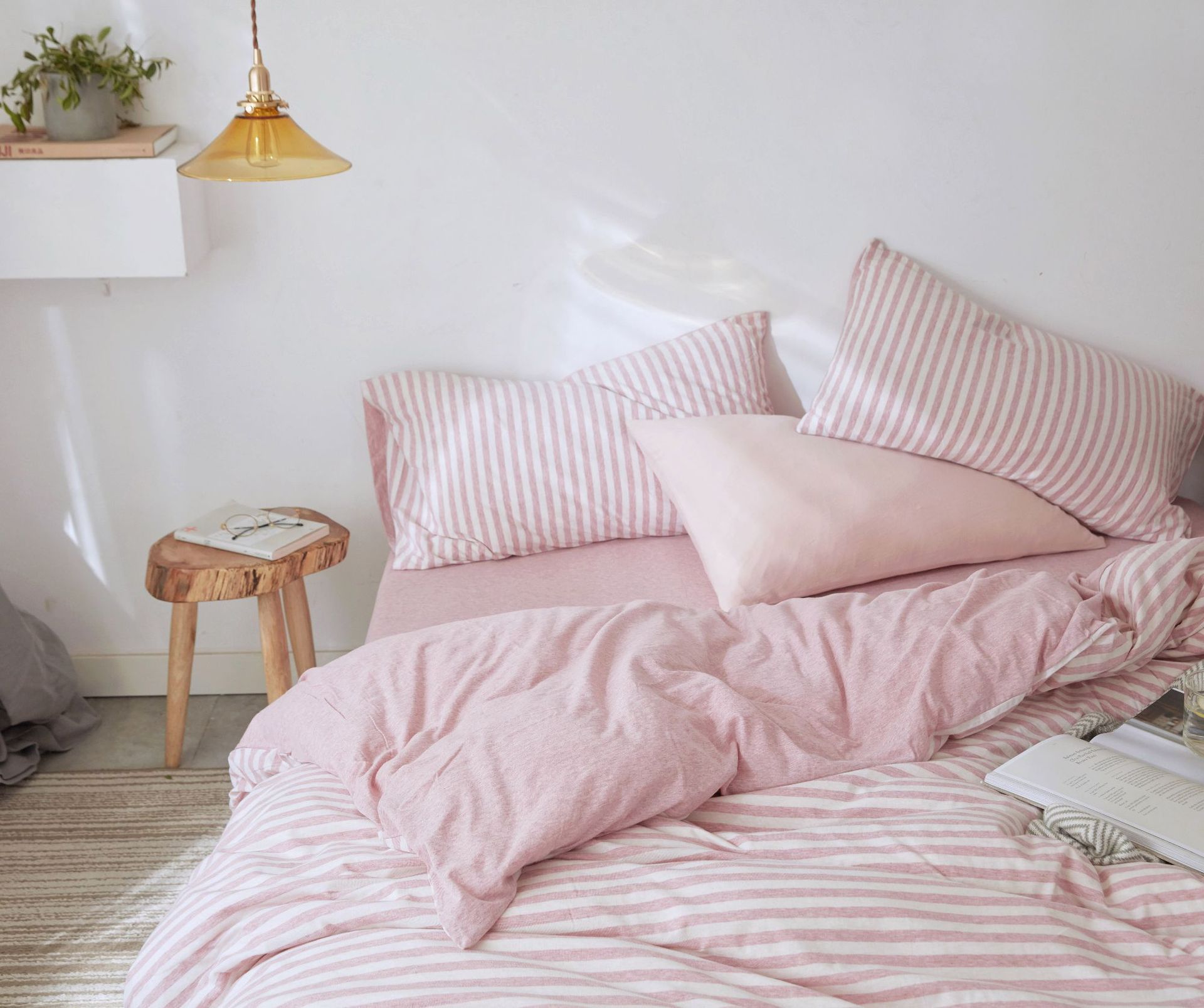 Four-Piece Set of Japanese Style Muji Knitted Cotton Striped Bedding Set 1.5 1.8 M Bedding Wholesale