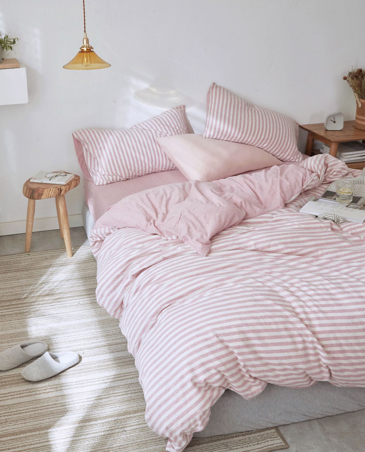 Four-Piece Set of Japanese Style Muji Knitted Cotton Striped Bedding Set 1.5 1.8 M Bedding Wholesale