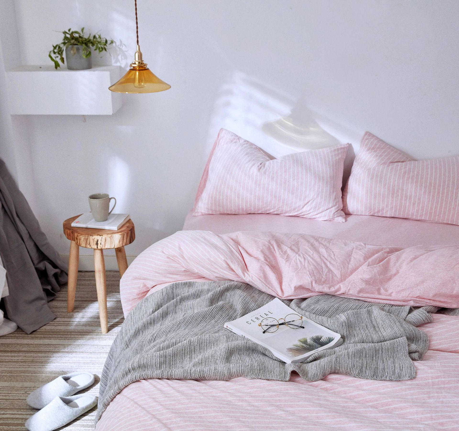 Four-Piece Set of Japanese Style Muji Knitted Cotton Striped Bedding Set 1.5 1.8 M Bedding Wholesale
