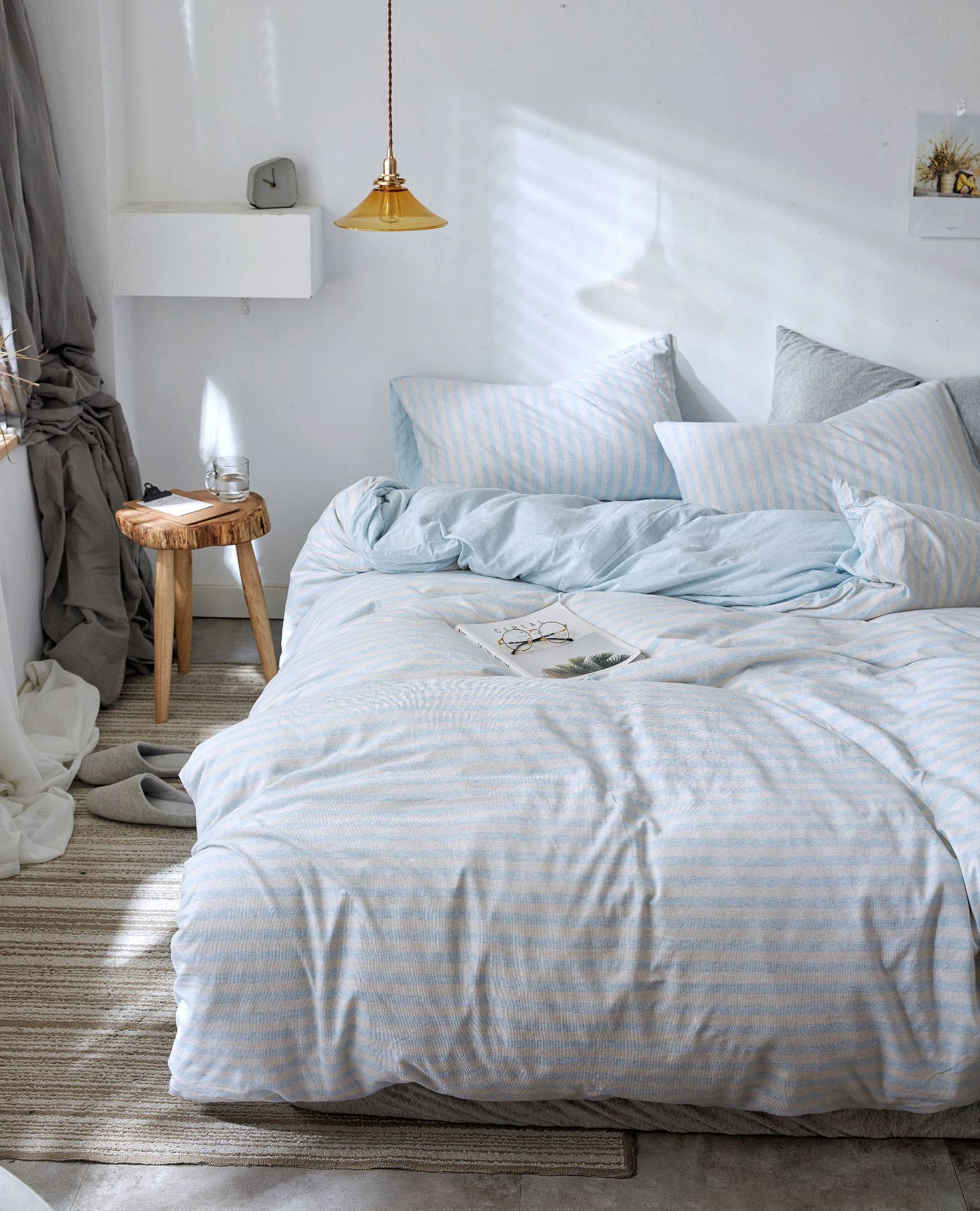 Four-Piece Set of Japanese Style Muji Knitted Cotton Striped Bedding Set 1.5 1.8 M Bedding Wholesale