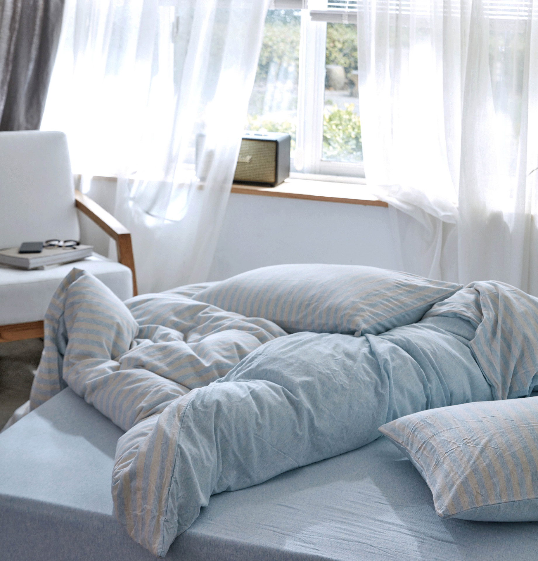 Four-Piece Set of Japanese Style Muji Knitted Cotton Striped Bedding Set 1.5 1.8 M Bedding Wholesale
