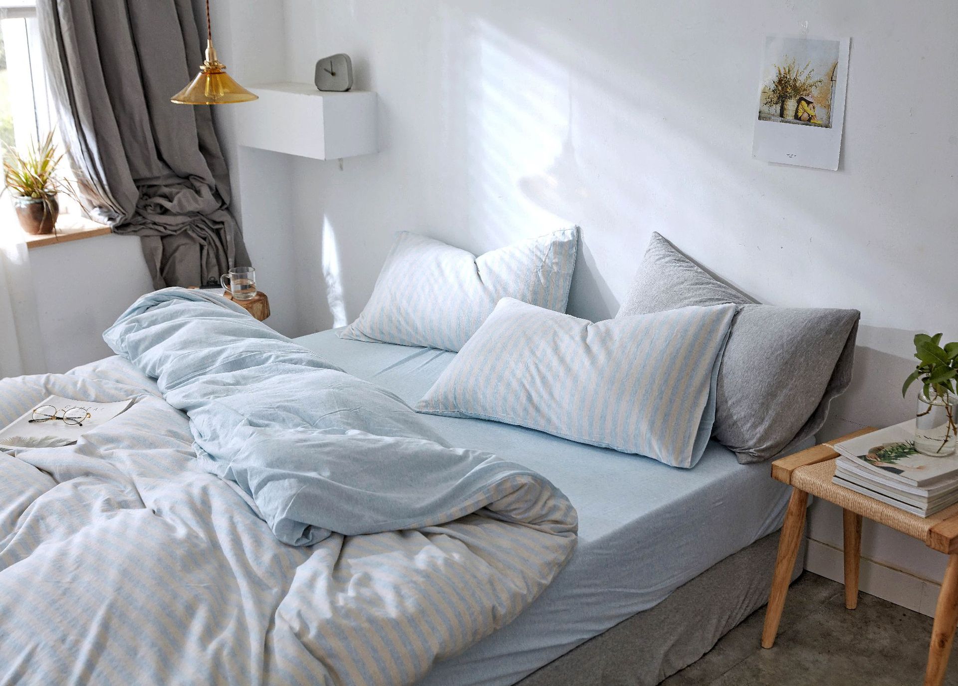 Four-Piece Set of Japanese Style Muji Knitted Cotton Striped Bedding Set 1.5 1.8 M Bedding Wholesale