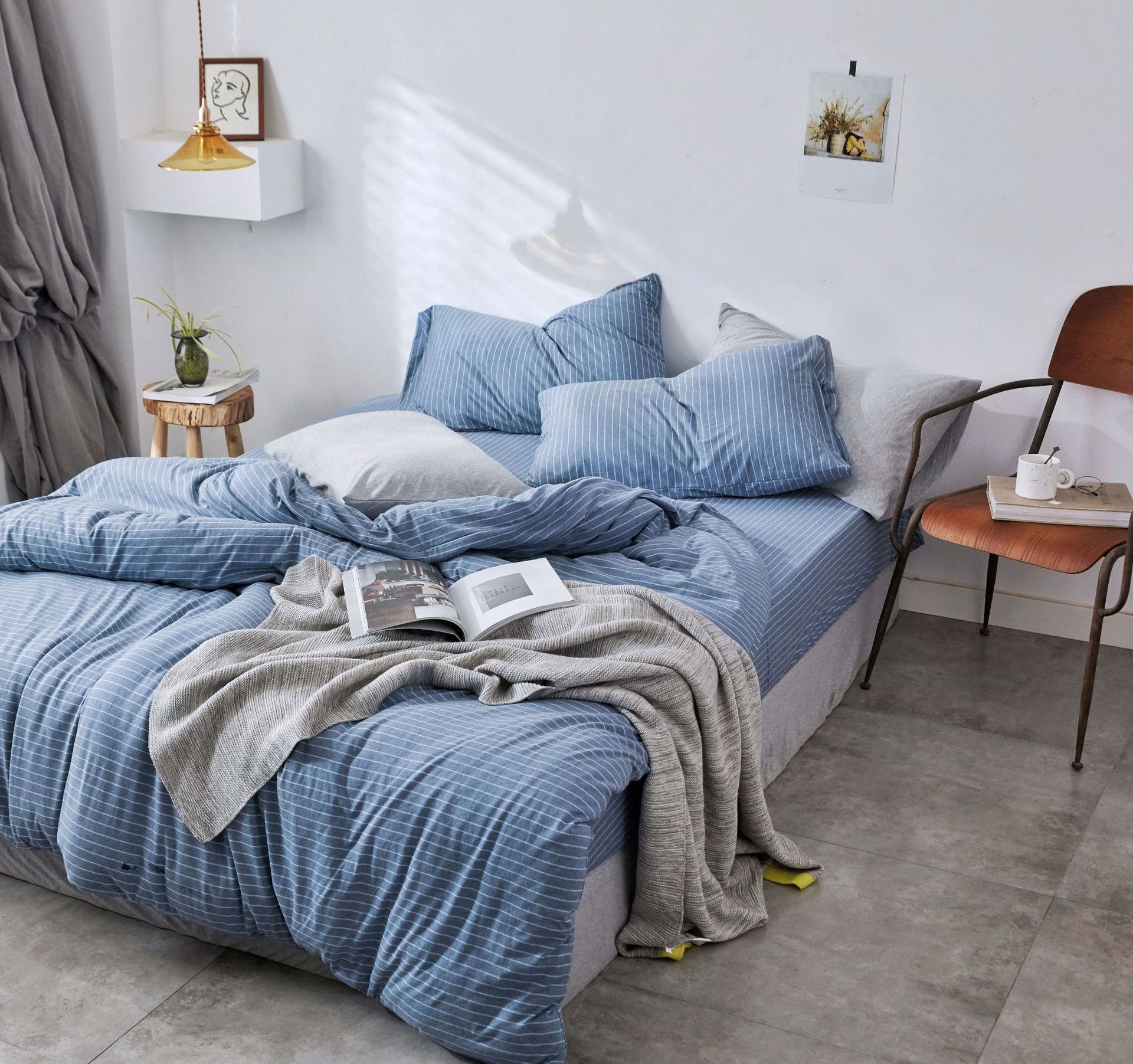 Four-Piece Set of Japanese Style Muji Knitted Cotton Striped Bedding Set 1.5 1.8 M Bedding Wholesale