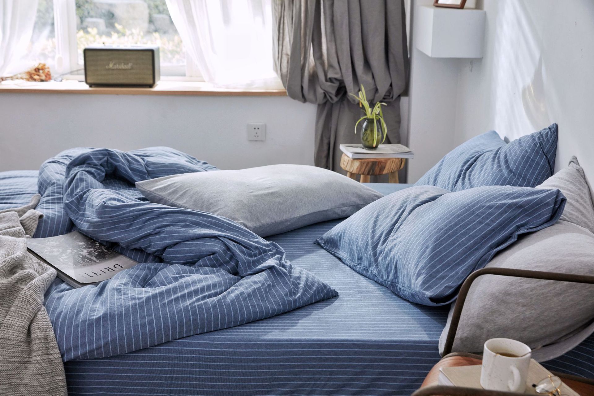 Four-Piece Set of Japanese Style Muji Knitted Cotton Striped Bedding Set 1.5 1.8 M Bedding Wholesale