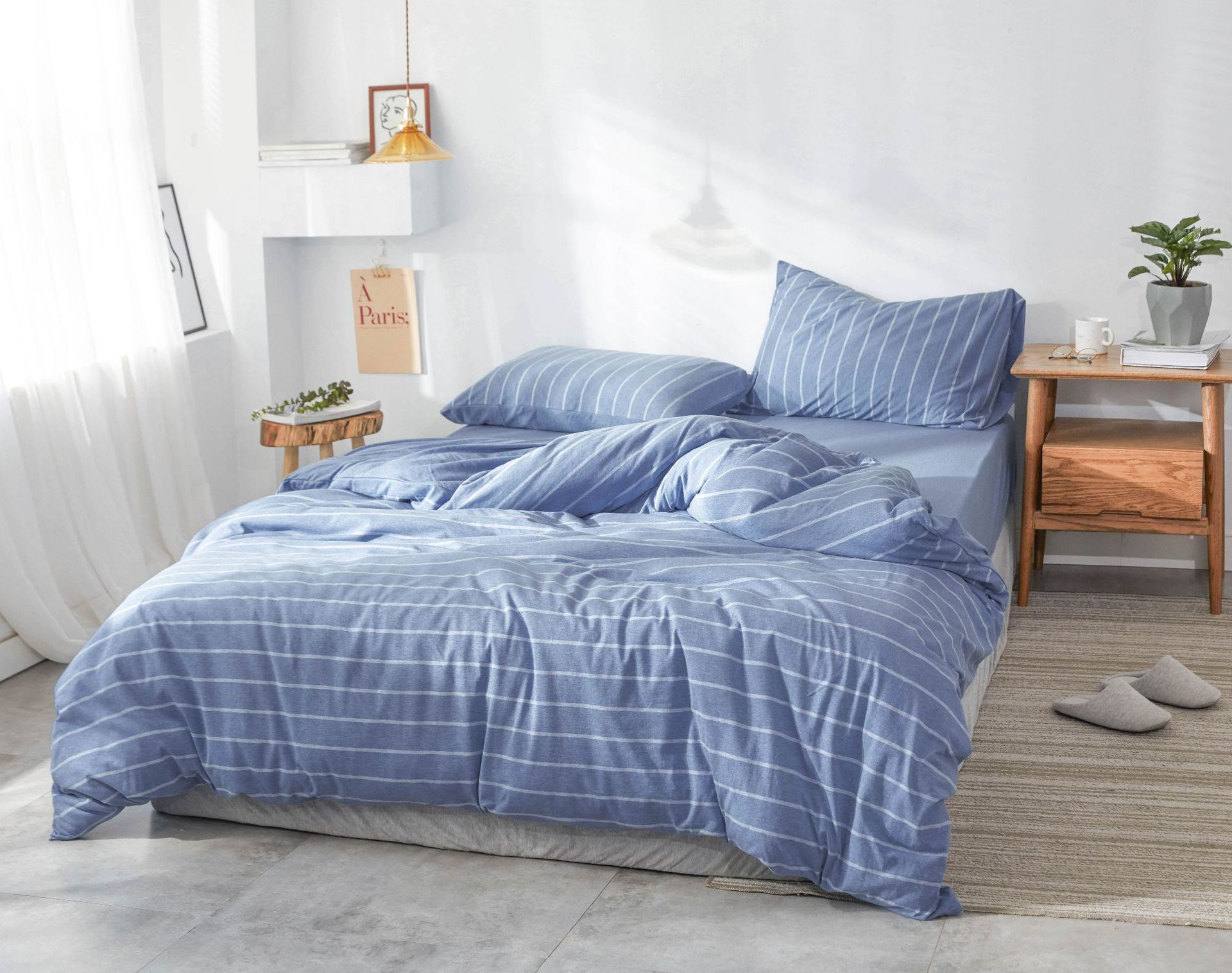 Four-Piece Set of Japanese Style Muji Knitted Cotton Striped Bedding Set 1.5 1.8 M Bedding Wholesale