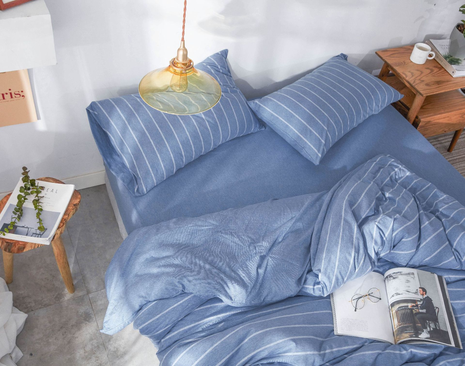 Four-Piece Set of Japanese Style Muji Knitted Cotton Striped Bedding Set 1.5 1.8 M Bedding Wholesale