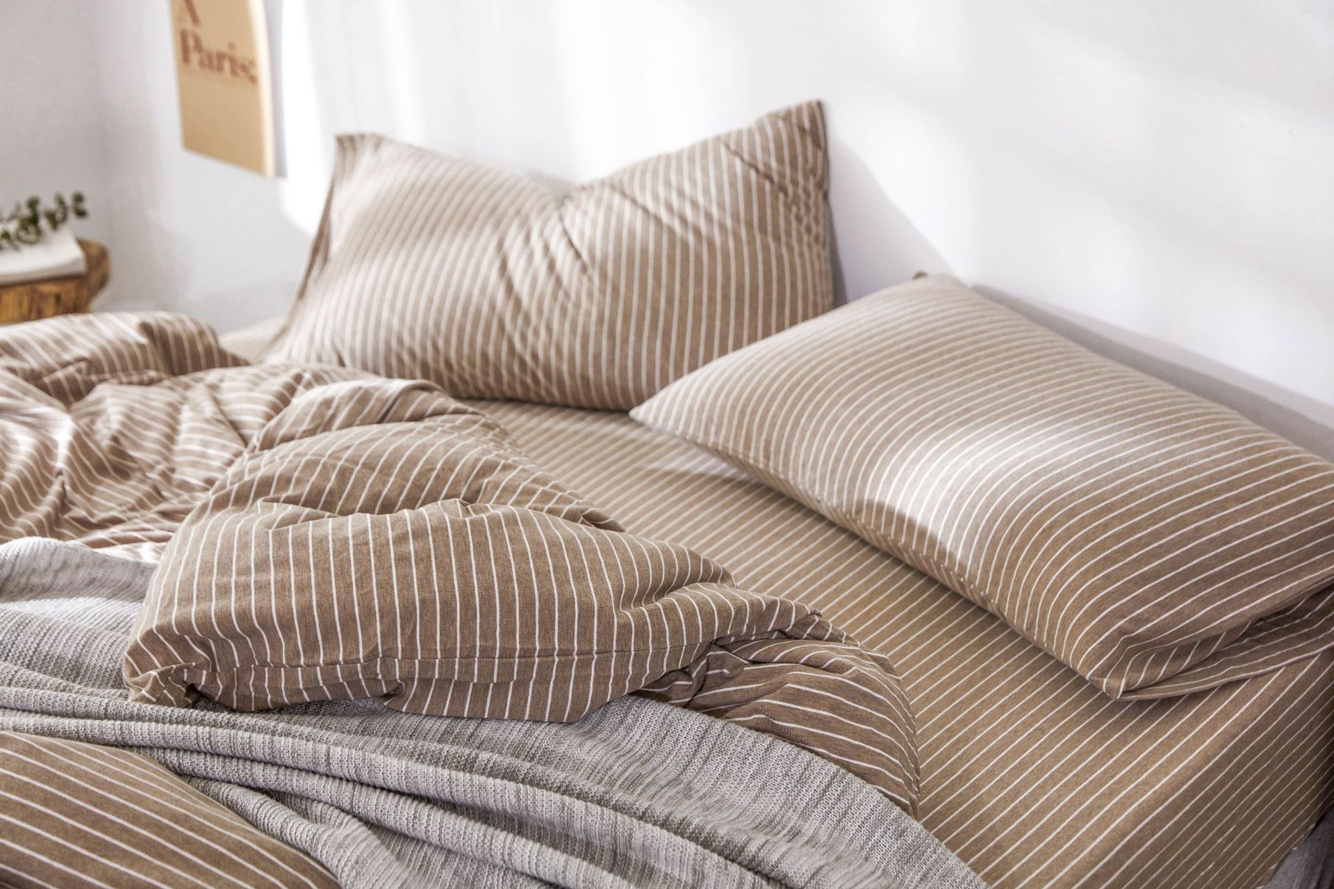 Four-Piece Set of Japanese Style Muji Knitted Cotton Striped Bedding Set 1.5 1.8 M Bedding Wholesale