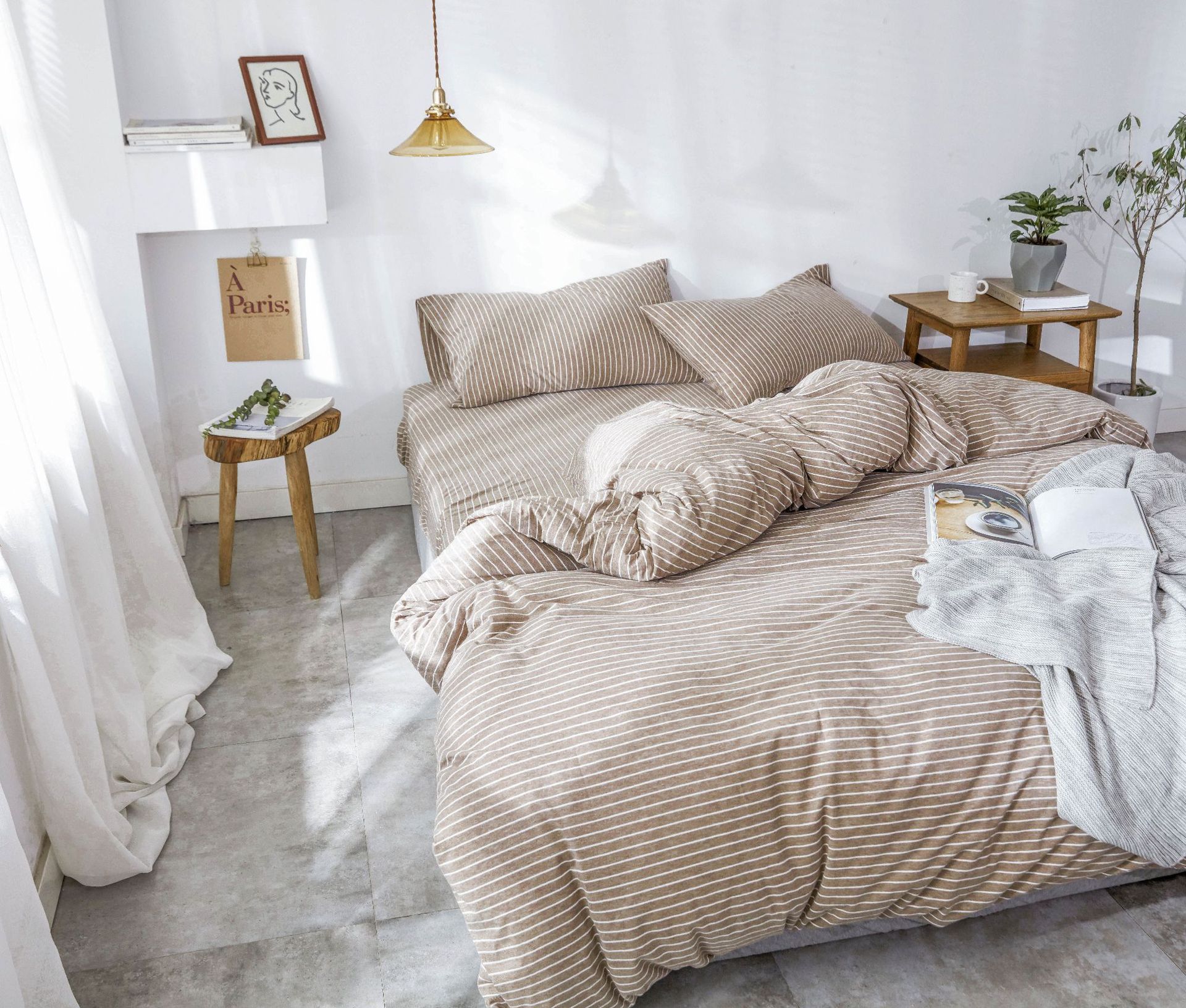 Four-Piece Set of Japanese Style Muji Knitted Cotton Striped Bedding Set 1.5 1.8 M Bedding Wholesale