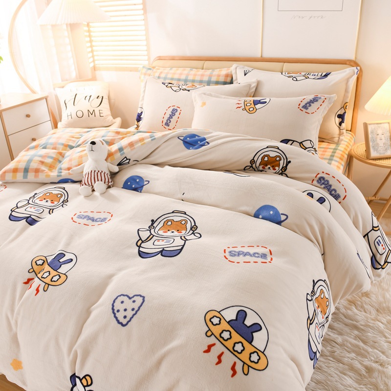 Autumn and Winter Thickened Warm Milk Fiber Printed Four-Piece Bedding Set Flannel Duvet Cover Duvet Cover Bedding