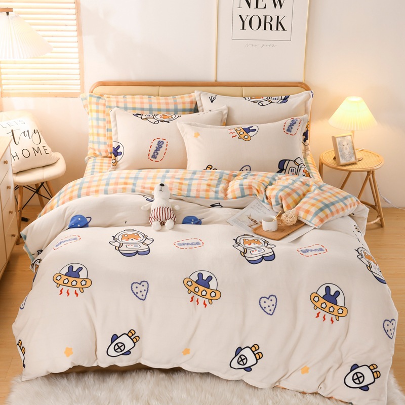 Autumn and Winter Thickened Warm Milk Fiber Printed Four-Piece Bedding Set Flannel Duvet Cover Duvet Cover Bedding