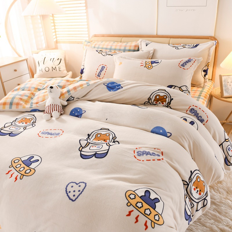 Autumn and Winter Thickened Warm Milk Fiber Printed Four-Piece Bedding Set Flannel Duvet Cover Duvet Cover Bedding