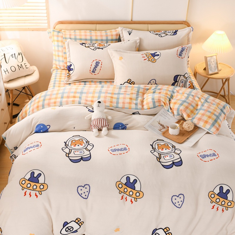 Autumn and Winter Thickened Warm Milk Fiber Printed Four-Piece Bedding Set Flannel Duvet Cover Duvet Cover Bedding