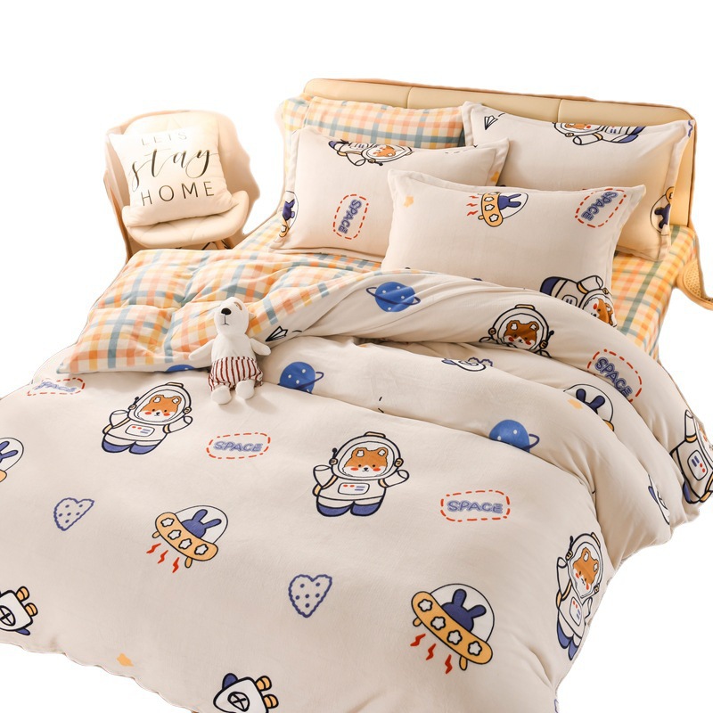 Autumn and Winter Thickened Warm Milk Fiber Printed Four-Piece Bedding Set Flannel Duvet Cover Duvet Cover Bedding