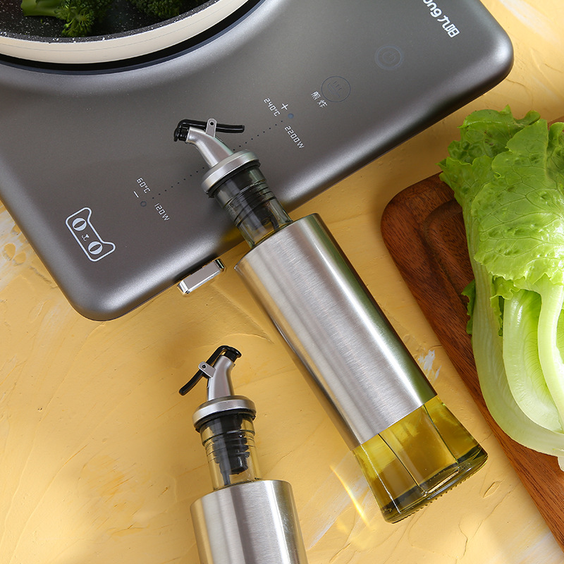 Stainless Steel Press Type Glass Oil Bottle Soy Sauce Bottle Oil Pot Leak-Proof 300ml Kitchen Glass Seasoning Bottle