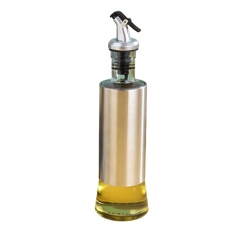 Stainless Steel Press Type Glass Oil Bottle Soy Sauce Bottle Oil Pot Leak-Proof 300ml Kitchen Glass Seasoning Bottle